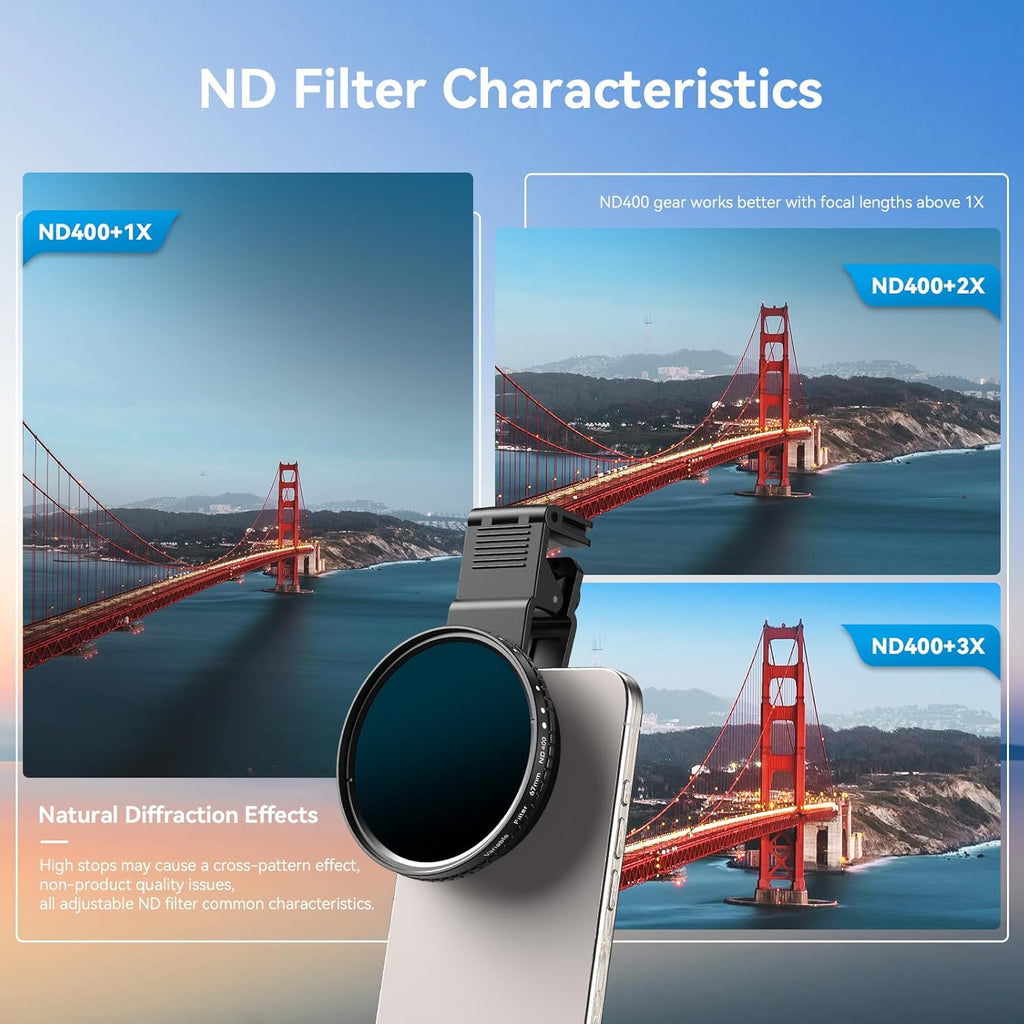 67mm Variable ND2-400 Filter for iPhone/DSLR - Phone Neutral Density Lens Attachment with Universal Clip, Compatible with iPhone 16/15/14/13 Pro Max, Samsung Galaxy, Huawei, etc.