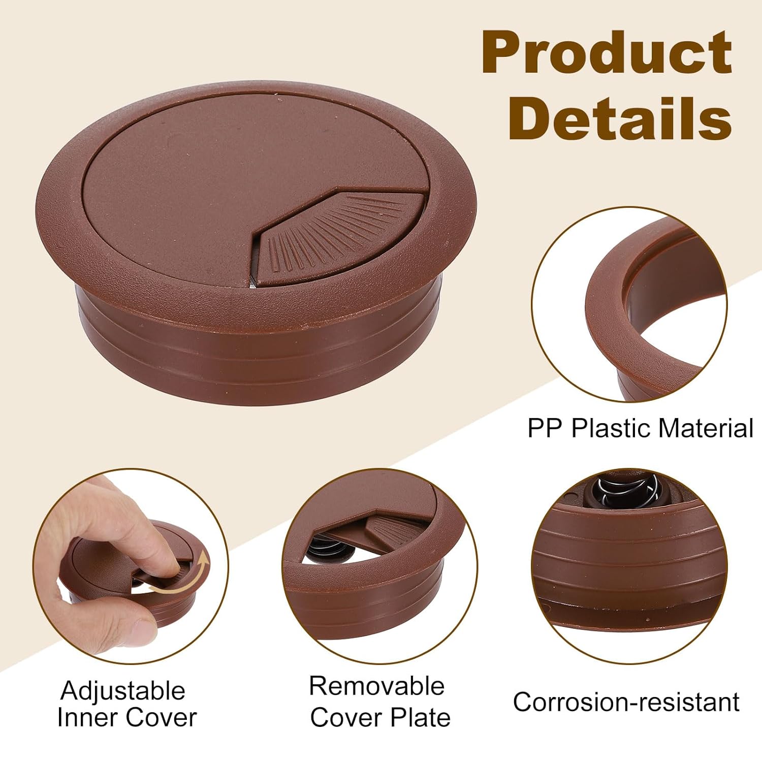 uxcell 5 Pcs 50mm (1.97 Inch) Desk Grommet, Plastic Cable Hole Cover, Wire Cord Cable Organizer for Home Office Computer Desk Cabinet, Brown