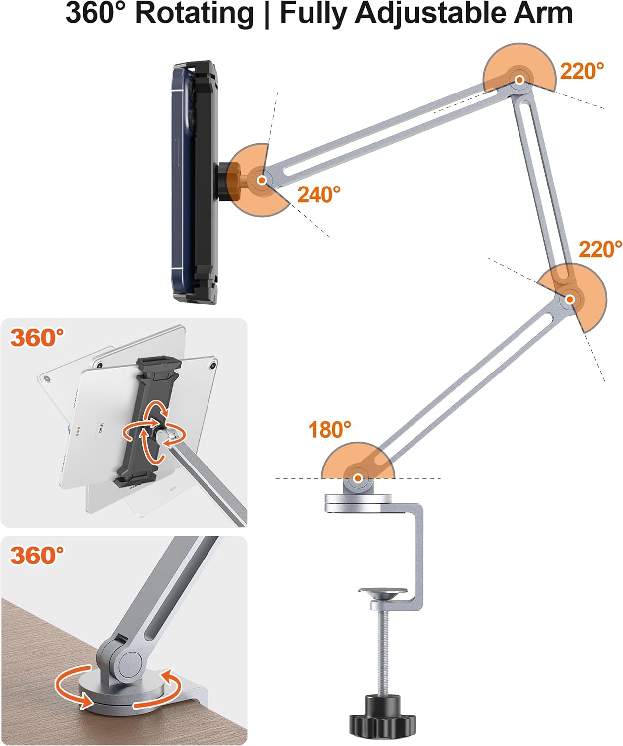 Tablet Arm Mount with Super Grip, Adjustable Foldable Holder & Heavy Duty Aluminum 360° Rotating Clamp for iPad, Phone, Monitor, Kindle - Universal for Desk, Bed, Kitchen - Silver