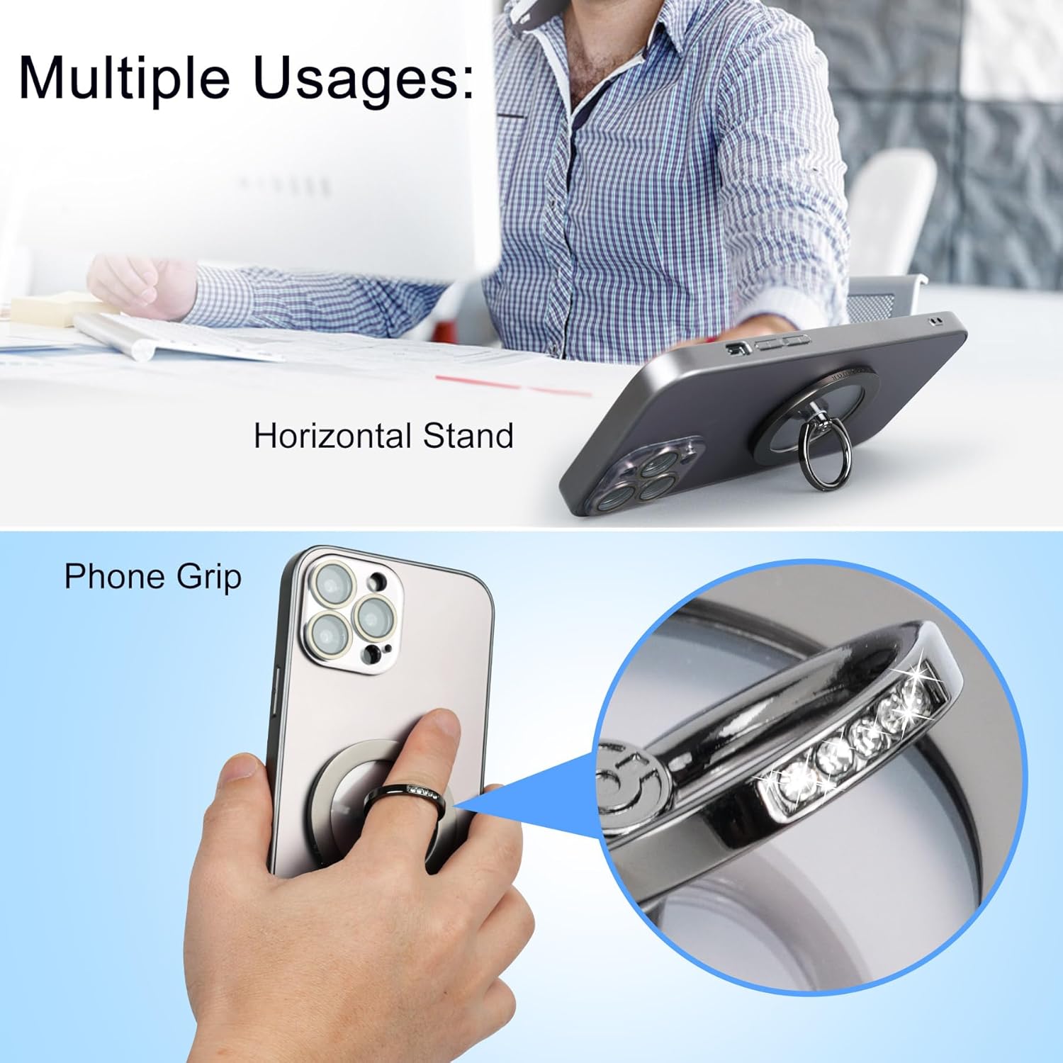 Magnetic Phone Grip for MagSafe, EI Sonador Magnet Phone Ring Holder, Removable, Compatible with iPhone 14 Plus 13 12 Pro Max Mini (Transparent Gold Diamond)