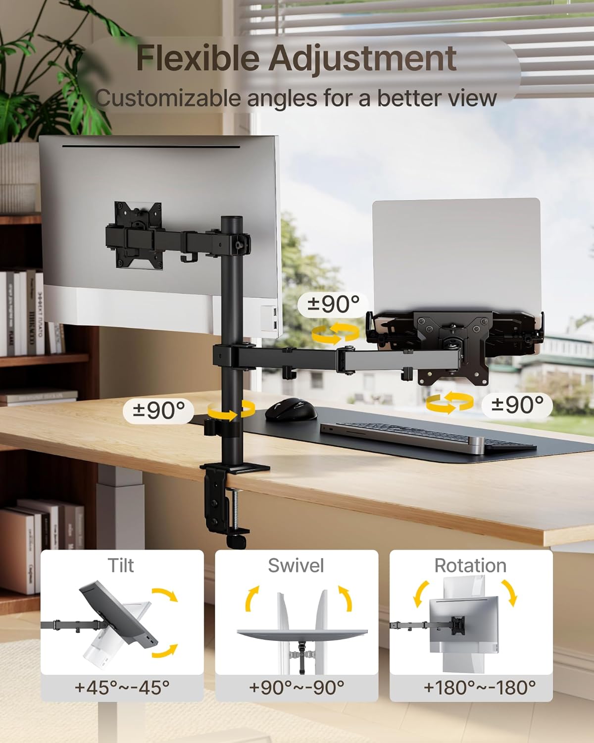 monTEK Monitor Mount and Laptop Stand for Desk, Adjustable Height Monitor Arm Fit up to 32 inch Screen and 17 inch Laptop, Hold up to 22lbs Weight, C-Clamp and Grommet