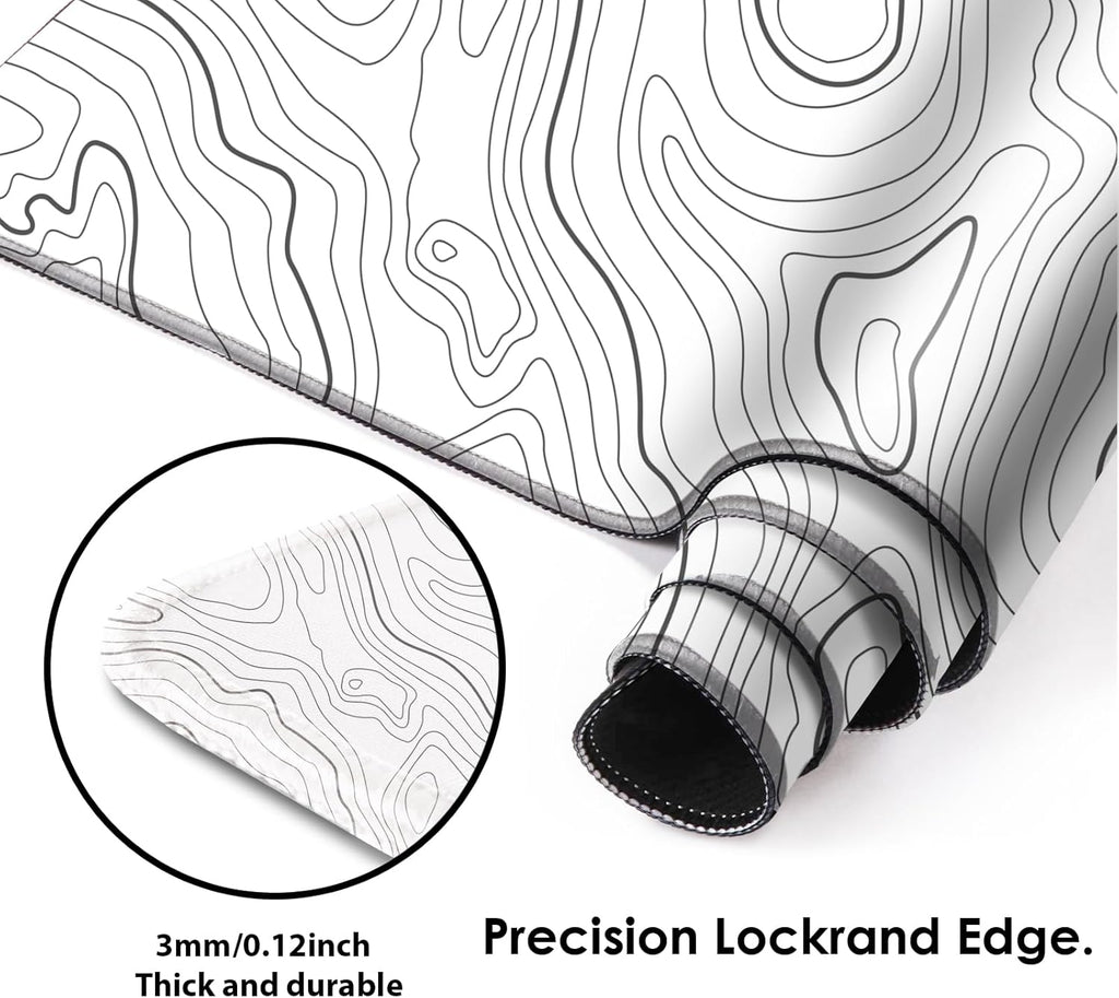 Gaming Mouse Mat Forest Background Pattern XXL XL Large Mouse Mat Long Extended Mouse Pad Desk Mat Non-Slip Rubber Mice Pads Stitched Edges Thin Pad (Topographic Map White)