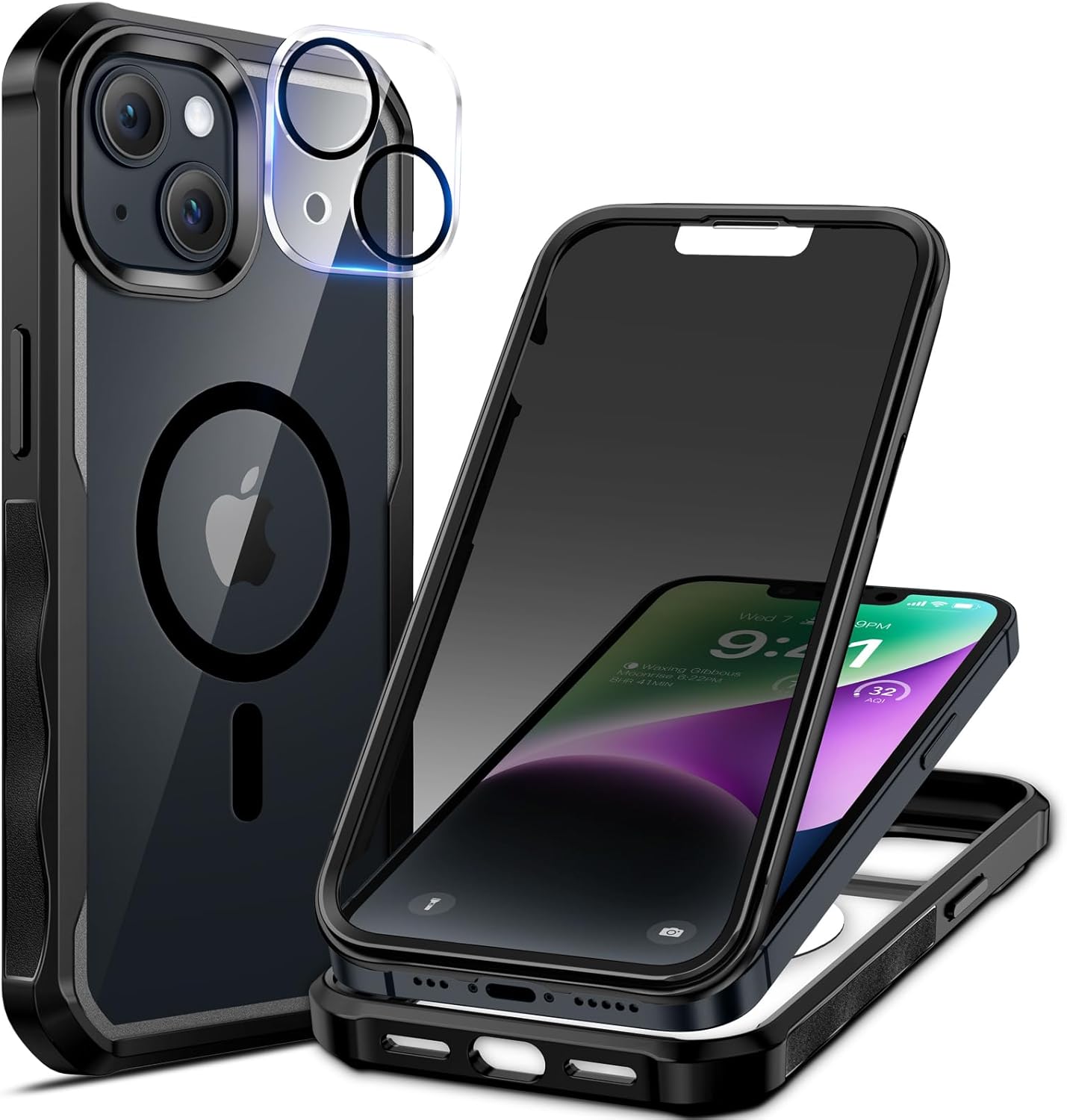 seacosmo for iPhone 14 Plus Case, Full Body Bumper with Built-in 9H Tempered Glass Privacy Screen Protector and Camera Lens Protector, Compatible with MagSafe, Shockproof Phone Cover, 6.7", Black
