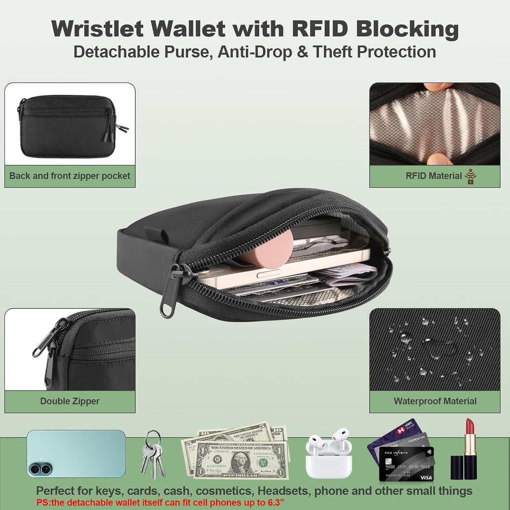 Clip and Go Strap for Phone with Wallet Crossbody, Adjustable Phone Lanyard with Detachable RFID Wristlet Wallet, Universal Phone Strap with 360° Rotatable Phone Tabs for All Phones (Black)