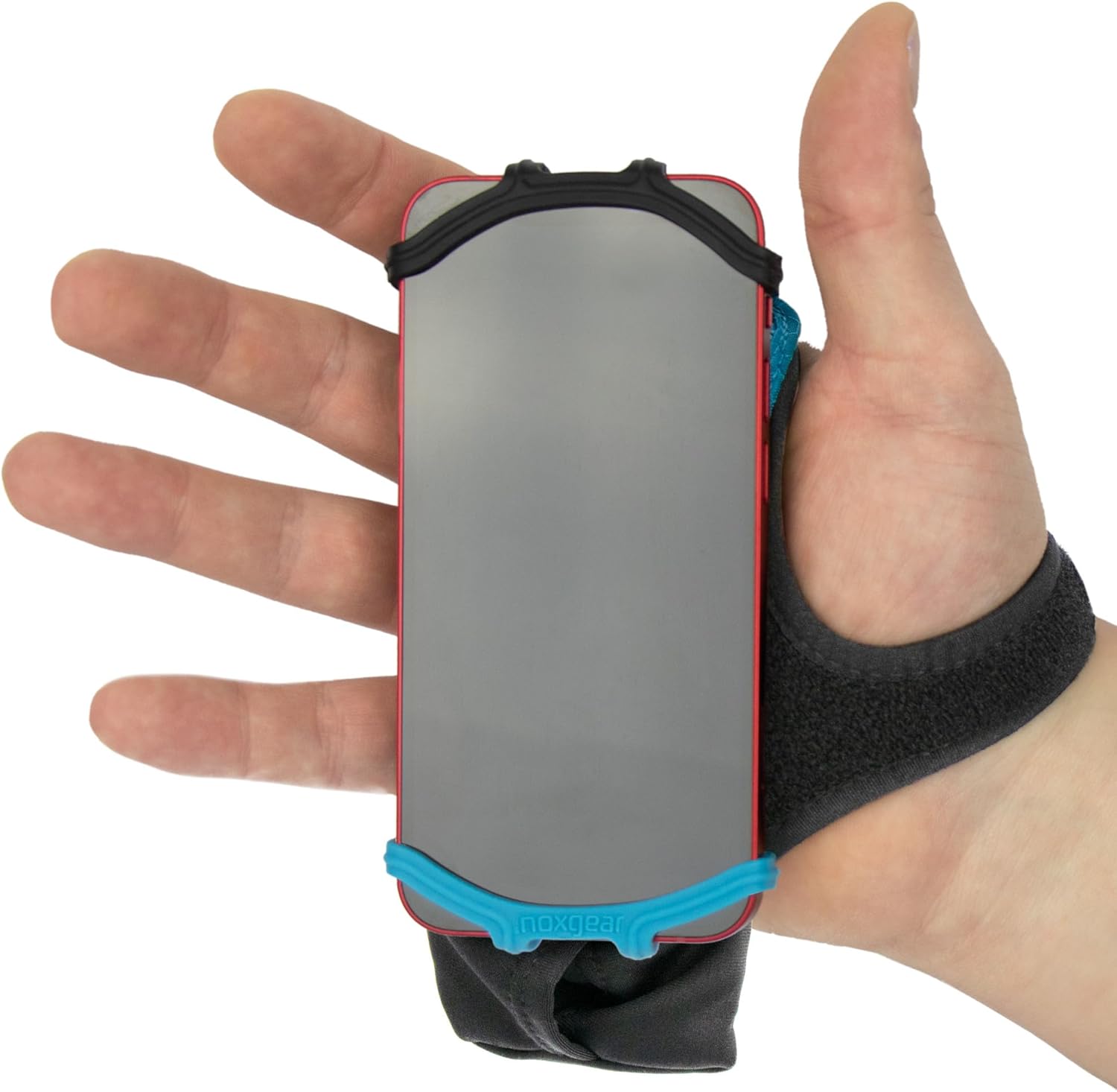 Noxgear Hand Held Phone Holder - Handheld Grip Phone Holder with Key Fob & Card Slot for Running, Jogging & Working Out - Compatible with All Phones - Machine Washable (Noxgear Blue, Right Hand)