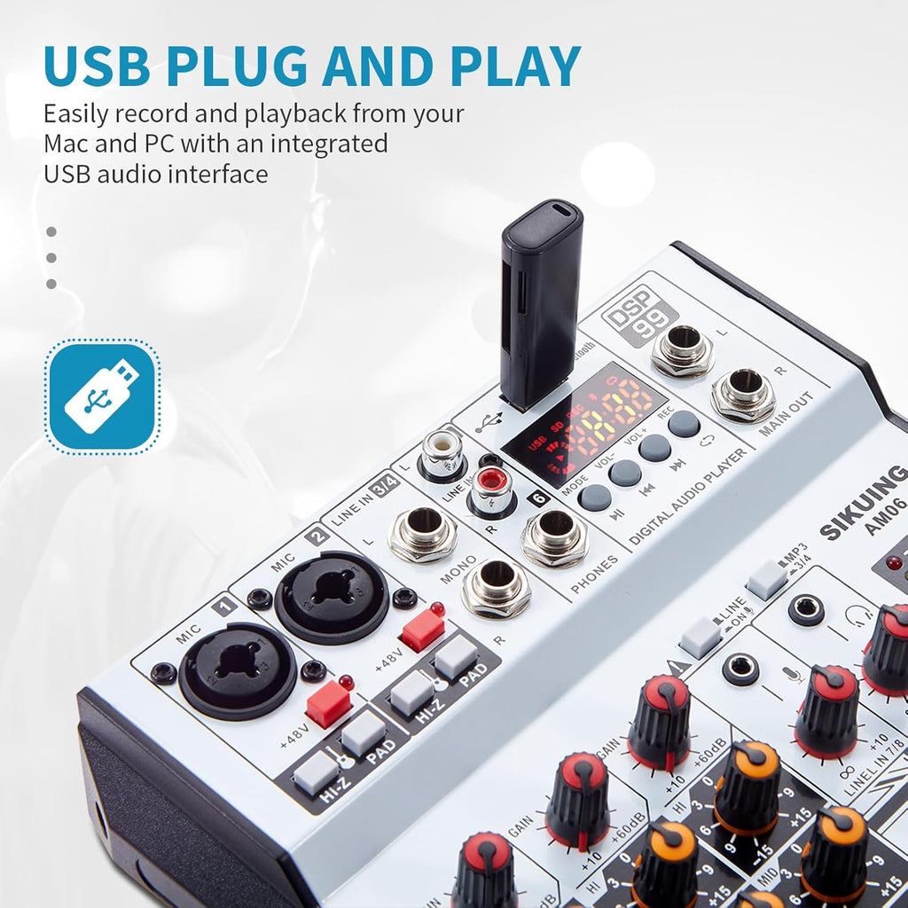 6 Channel Audio Mixer Professional Sound Board Console w/99 DSP Effects 48V Phantom Power Bluetooth USB Interface Stereo DJ Mixer Board for Karaoke Live Performance DJ Stage