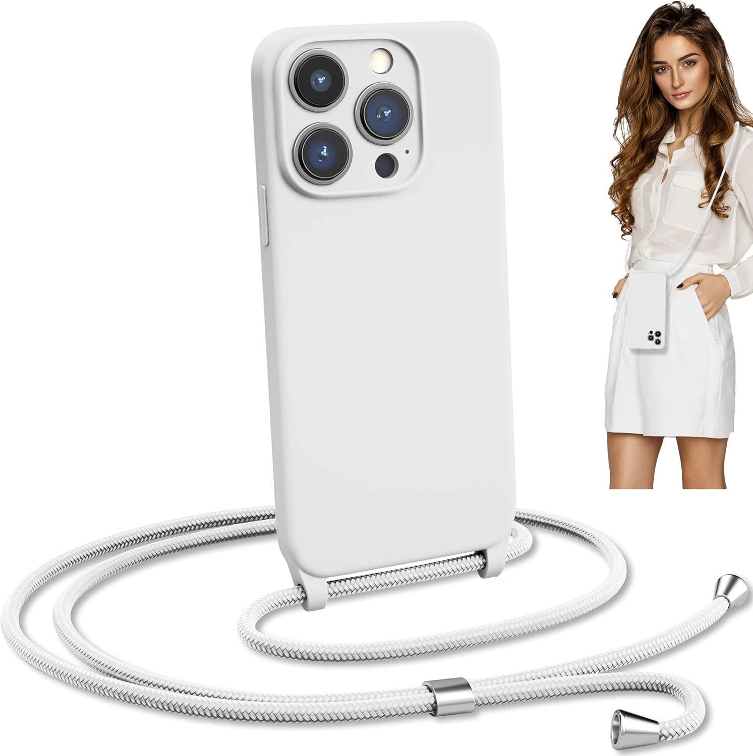 Blaspins Crossbody Lanyard Strap Case for iPhone 13 Pro, Neck Cross Body, Adjustable Holder Removable, Drop Protection Shockproof, Hands-Free Silicone Case 6.1 inch, 150 cm Strap, iP13Pro - White