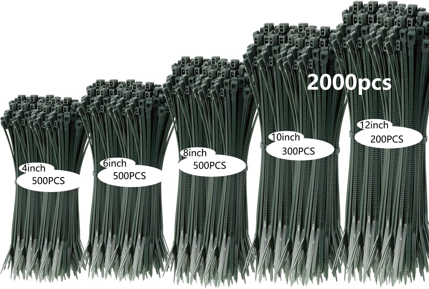 2000 PCS Zip Ties Assorted Sizes 4+6+8+10+12 Inch Self-locking Nylon Cable ties Outdoor, UV Resistant Wire Straps for Home Office Garden Workshop Indoor Outdoor Fence(garden green)
