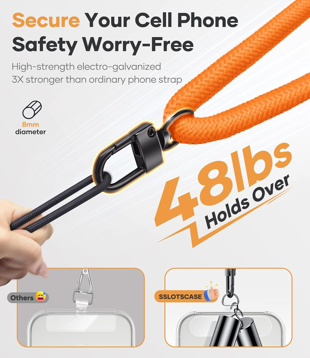 for Phone Lanyard Crossbody with 2X TPU Clear Phone Tabs, Multi-Function Crossbody Strap, Premium Metal Carabiner, Safety Durable Anti Theft Drop Protection Phone Neck Wrist Strap, Orange