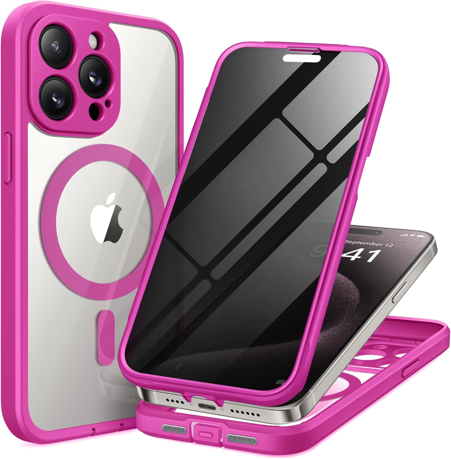 Magnetic for iPhone 15 Pro Max Case, Compatible with MagSafe, Built-in Privacy Screen Protector and Camera Protection, Anti Spy Full Body Dustproof Shockproof Hard Phone Case 6.7", Rose Red