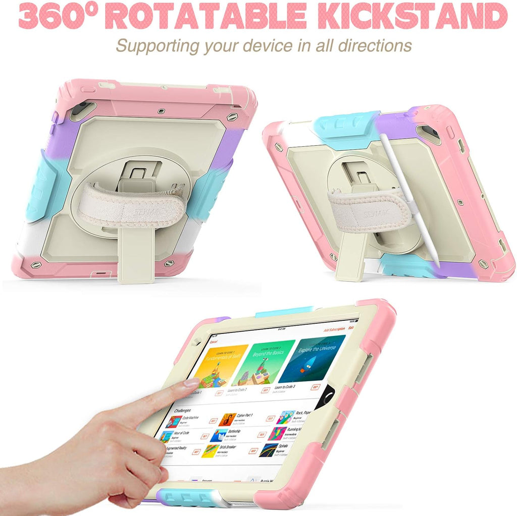 SEYMAC stock Case for iPad 6th / 5th Generation Case/Air 2 / Pro 9.7 inch, Heavy Duty Protective with Screen Protector, with Pencil Holder, Hand Strap, Shoulder Strap, 360 Rotate Stand,Yellowish+Pink