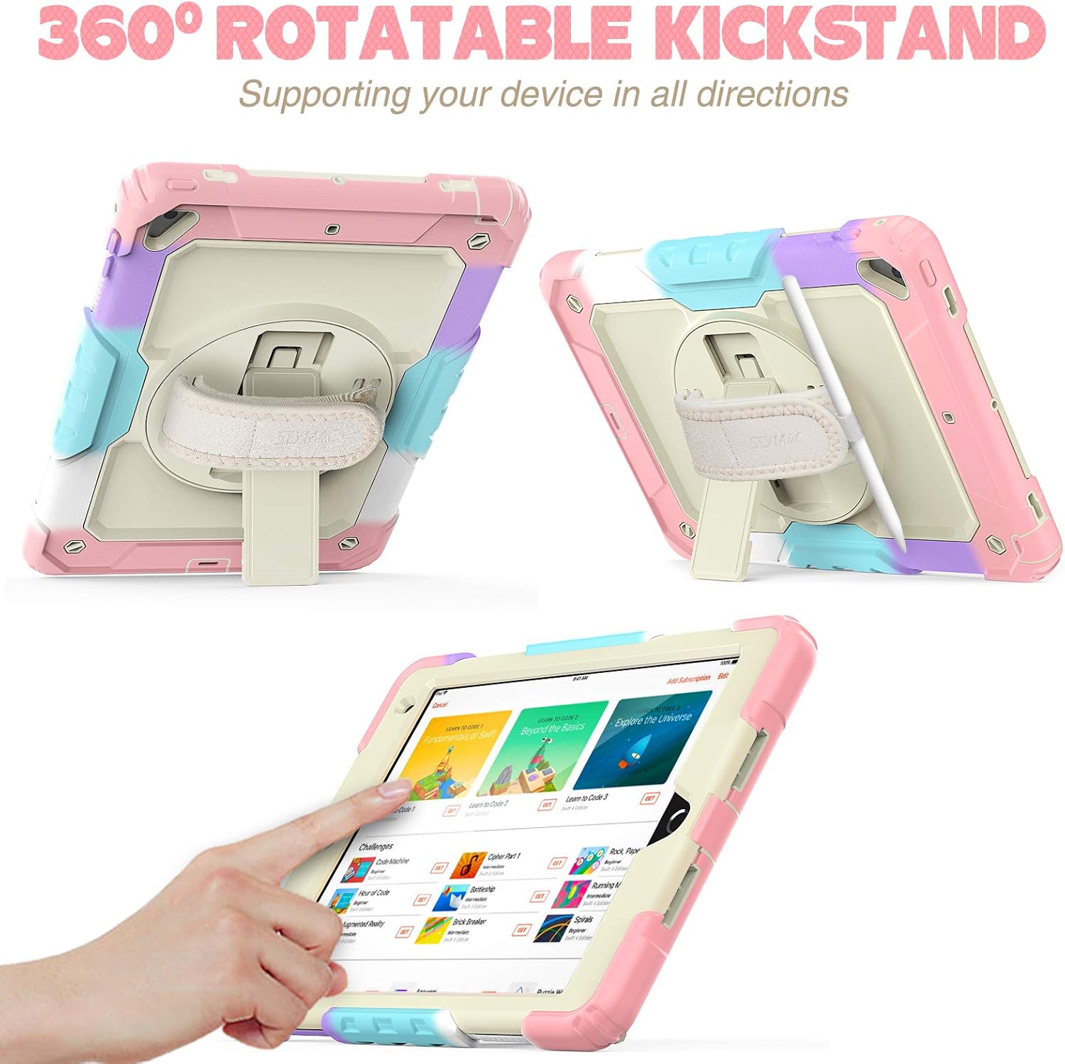 SEYMAC stock Case for iPad 6th / 5th Generation Case/Air 2 / Pro 9.7 inch, Heavy Duty Protective with Screen Protector, with Pencil Holder, Hand Strap, Shoulder Strap, 360 Rotate Stand,Yellowish+Pink