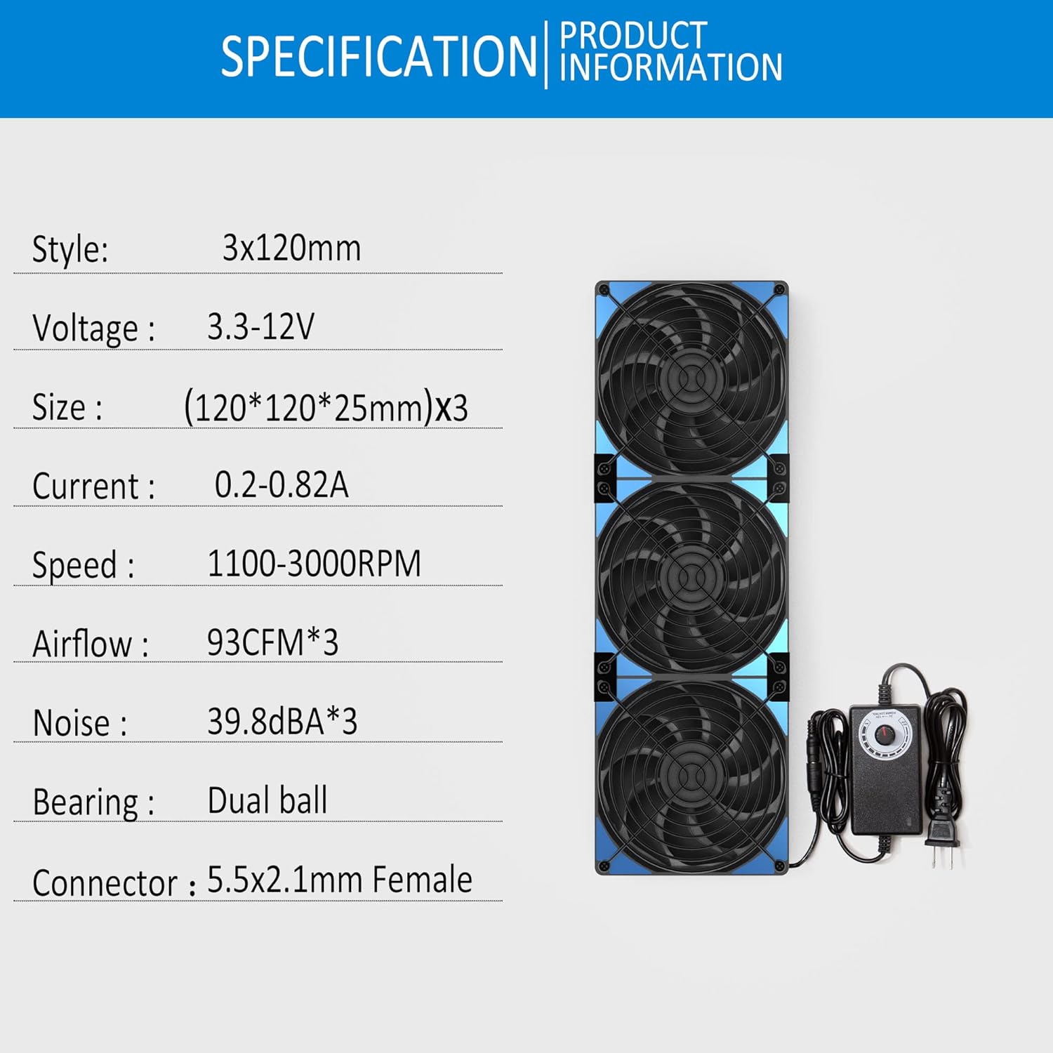 120mmx3 360mm Adjustable Computer PC Vent Fans 3-12V Speed Controller for Chicken Coop Rack Space Window Wall Cabinet Server Mining Rig Exhaust Cooling