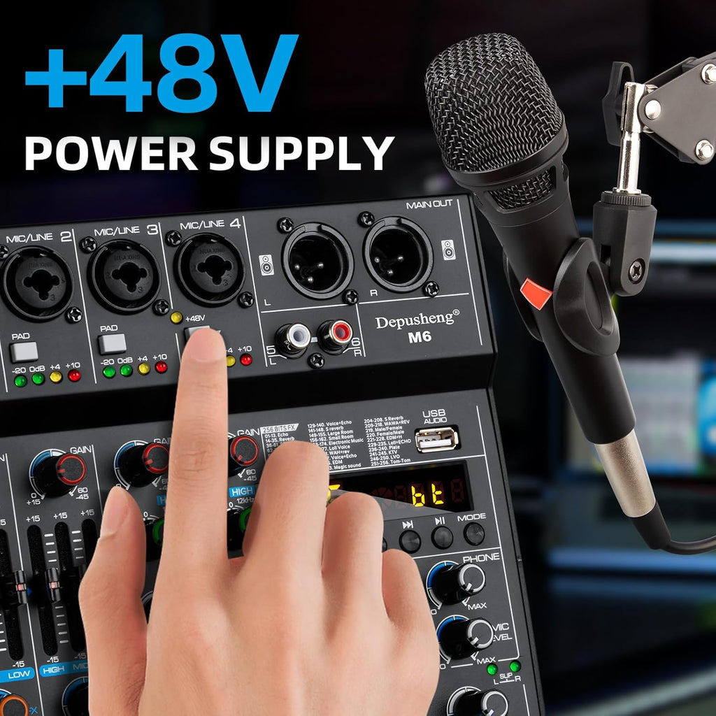 Depusheng M6 Portable Mini Mixer 6-Channel Audio Mixer DJ Console with Sound Card, Bluetooth Function, USB, 48V Phantom Power for PC Recording Webcast Party with 256 DSP