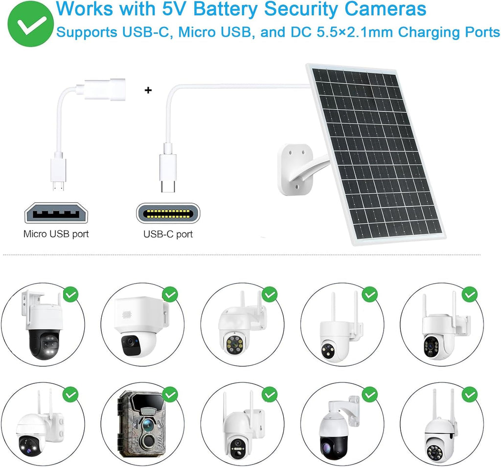 FUTUREZEN 13W Solar Panel for Security Cameras & Trail Cameras, USB-C, Micro USB & 5.5x2.1mm DC Output, IP66 Waterproof, 360° Adjustable Mount, 7.2FT Cable