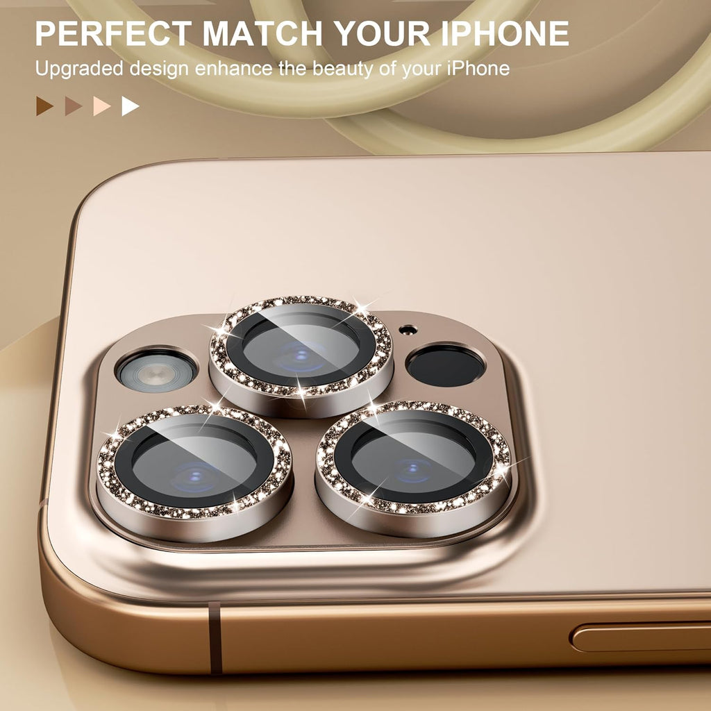 beuxece Compatible for iPhone 16 Pro/iPhone 16 Pro Max Camera Lens Protector, Bling Metal Tempered Glass Camera Screen Cover [Strong Adsorption][Case-Friendly]- Glitter Deep Titanium Desert