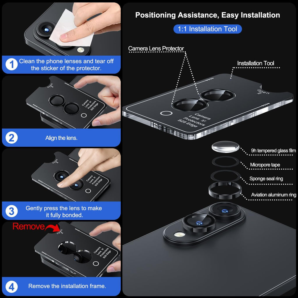 WSKEN for Samsung Galaxy S25 Edge Camera Lens Protector - Edge Thin Case Friendly, 9H Shatterproof Tempered Glass with Aluminum Metal Circle Camera Screen Protector Cover Accessories, Black