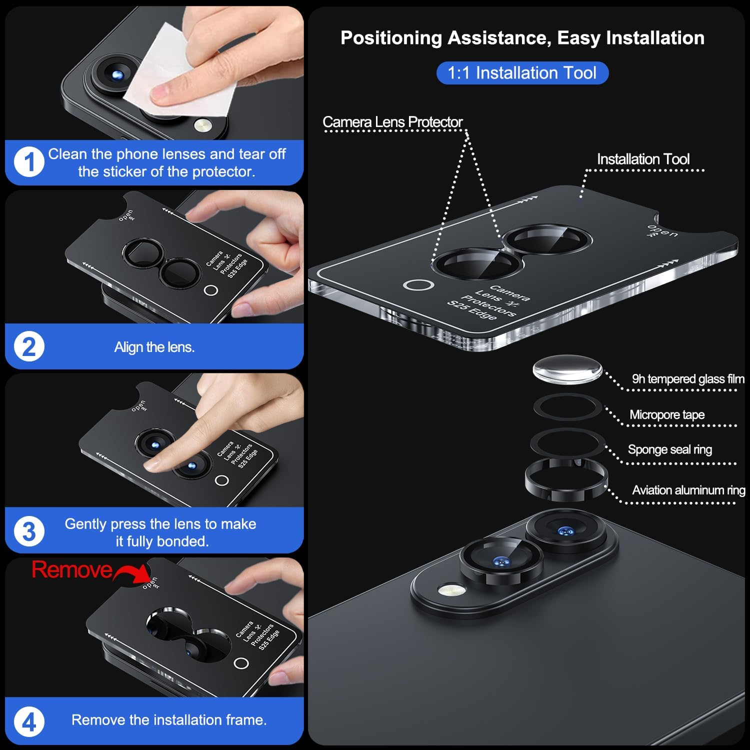 WSKEN for Samsung Galaxy S25 Edge Camera Lens Protector - Edge Thin Case Friendly, 9H Shatterproof Tempered Glass with Aluminum Metal Circle Camera Screen Protector Cover Accessories, Black