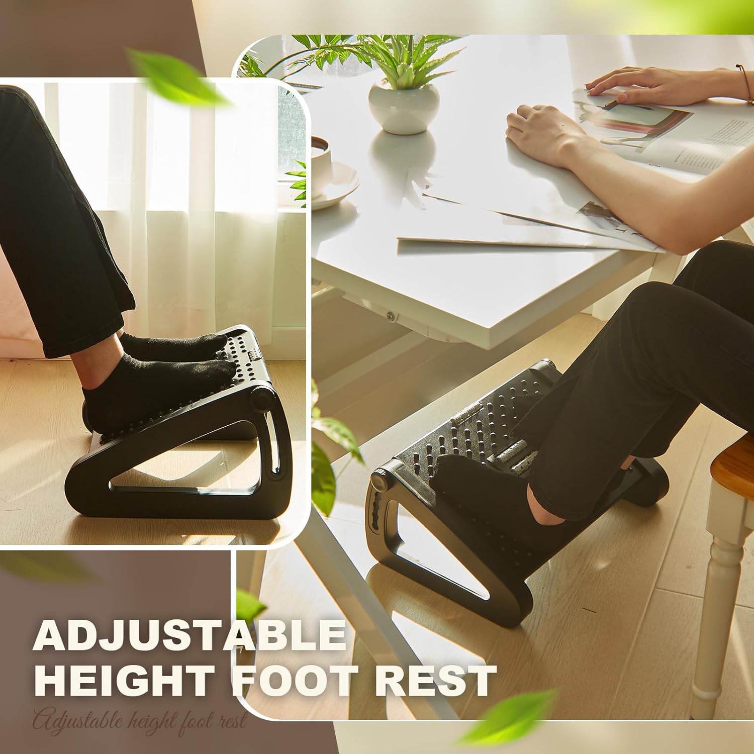 2 Pcs Foot Rest for Under Desk at Work, Ergonomic 6 Heights Adjustable Footrest with Massage Roller, Chair Footrest for Leg Rests for Office and Home Pressure Relief(Black)