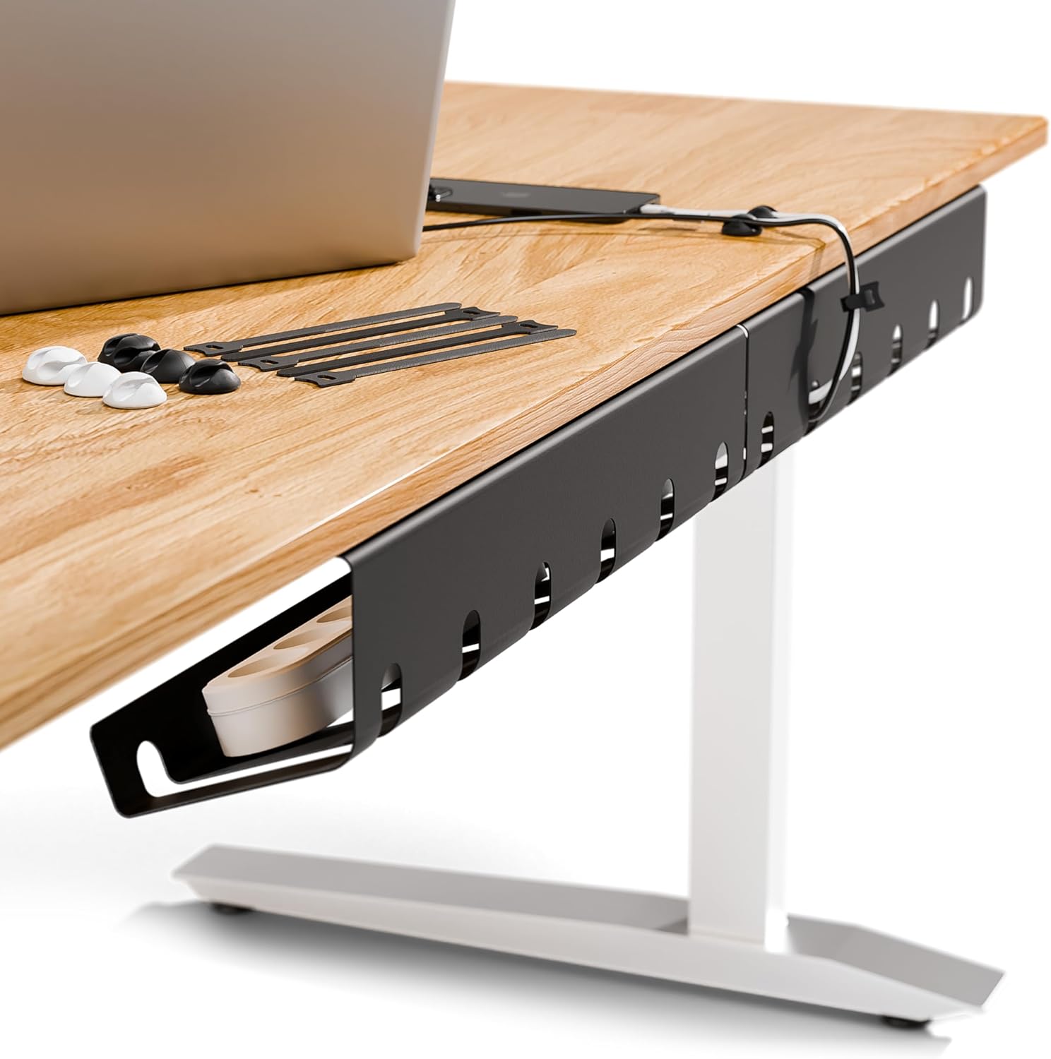 PAMO Cable Management Under Desk for Easy mounting Under-Table I Set of 2 - with 10X Cable Ties I Desk Organizer for Office/Home Office Table Thoughtful Cable Tray Holder