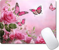 Cute Butterfly Pink Rose Flower Custom Mouse Pad with Non-Slip Rubber, Small Square Design for Wireless Laptop & Computer Mouse Pads for Desk, 9.5 x 7.9 inch Smooth Surface for Gaming & Office