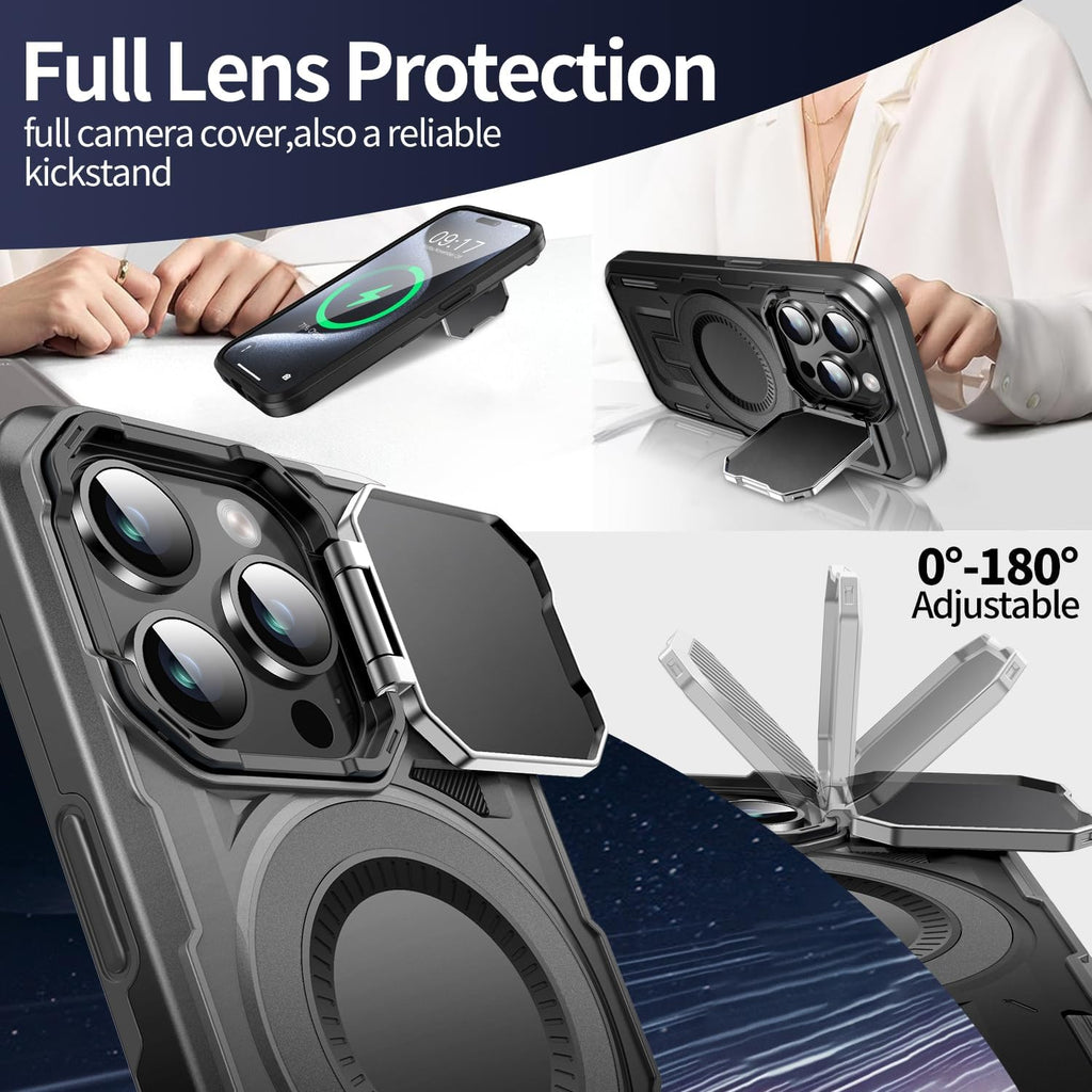 Camera Stand Case for iPhone 15 Pro, [Compatible with MagSafe] [Lens Cover] 2024 Version Military Grade Protective Soft Case for iPhone 15 Pro 6.1 inch Men Women, Black