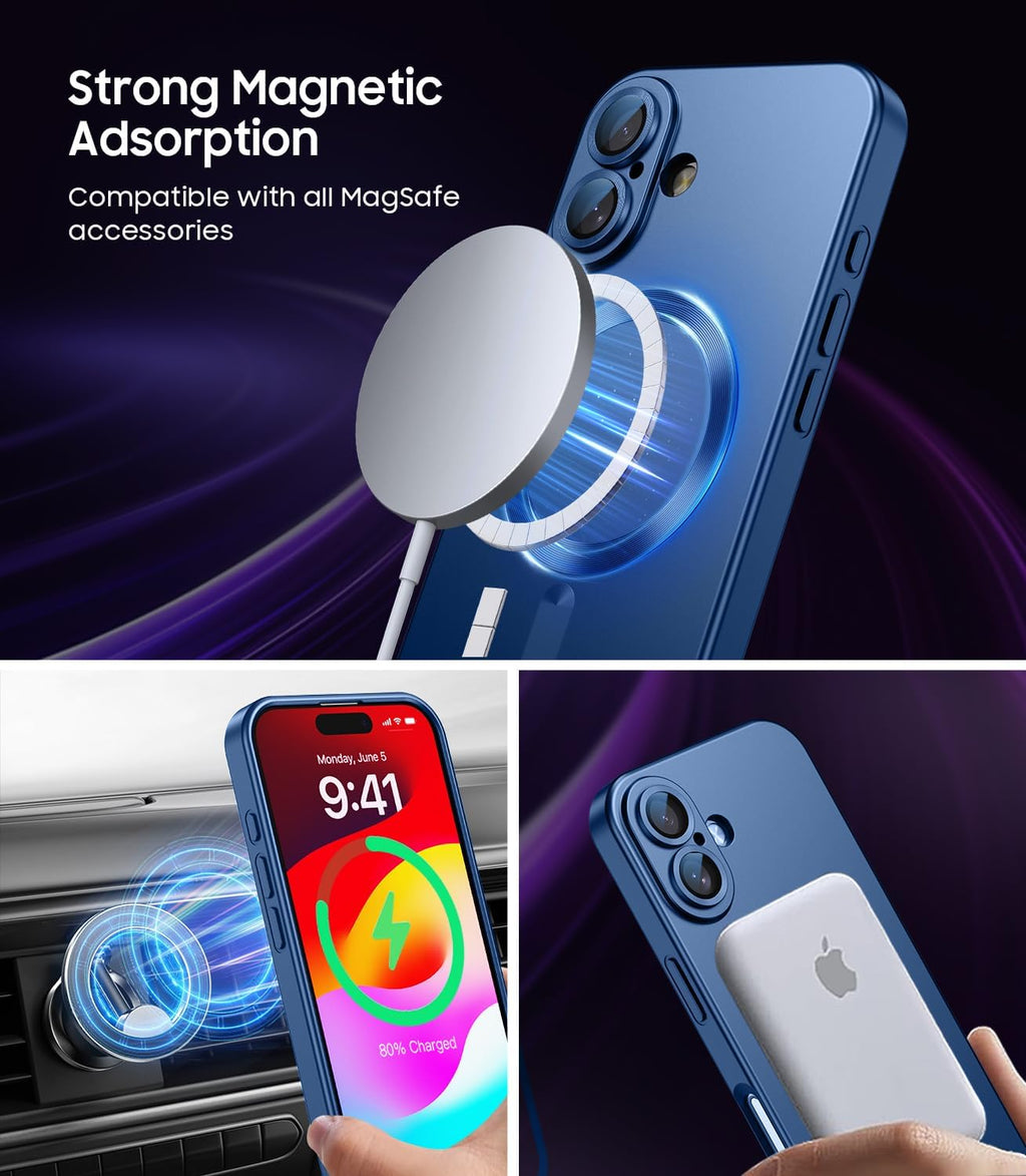 Magnetic for iPhone 16 Case [Compatible with MagSafe][Built-in Camera Lens Protector] Slim Soft Silicone Bumper Shockproof Metallic Luster Phone Case (Blue)