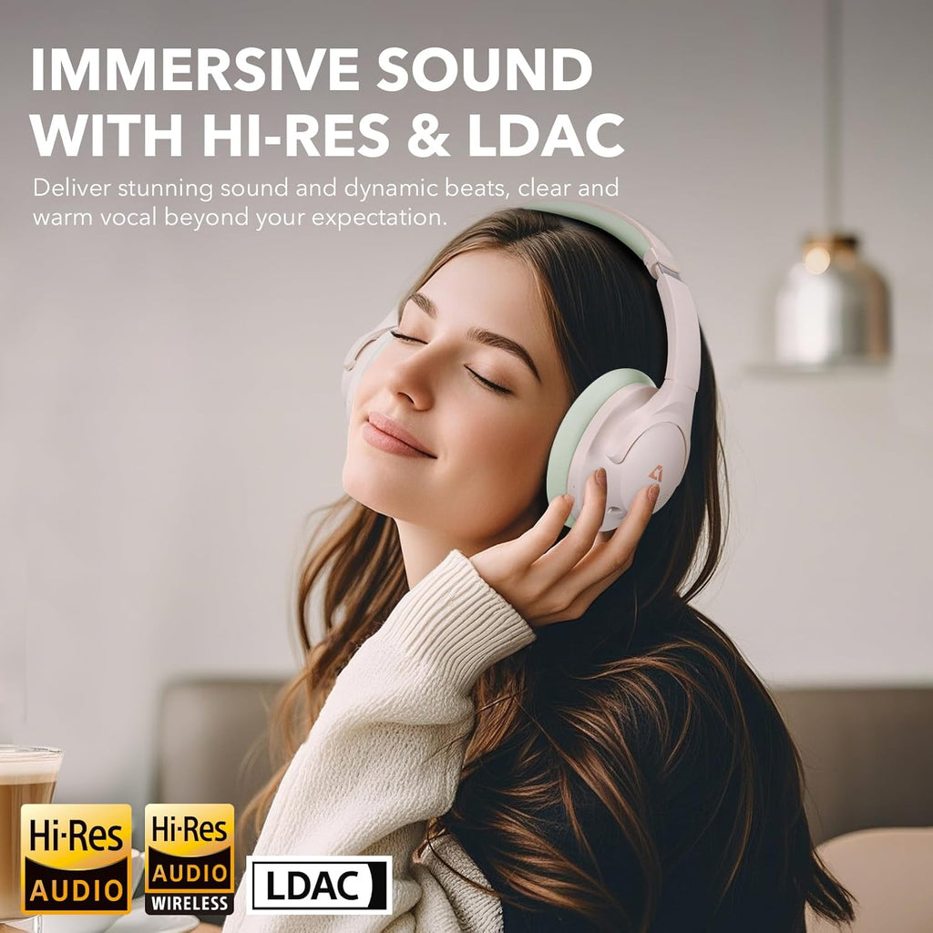 1Mii Y8+ Noise Cancelling Headphones Bluetooth, Wireless LDAC Hi-Res Audio, Custom EQ via App, 75H Playtime, Comfort Fit, Over Ear Headphones Foldable for Airplane Travel Home Office Beige Green