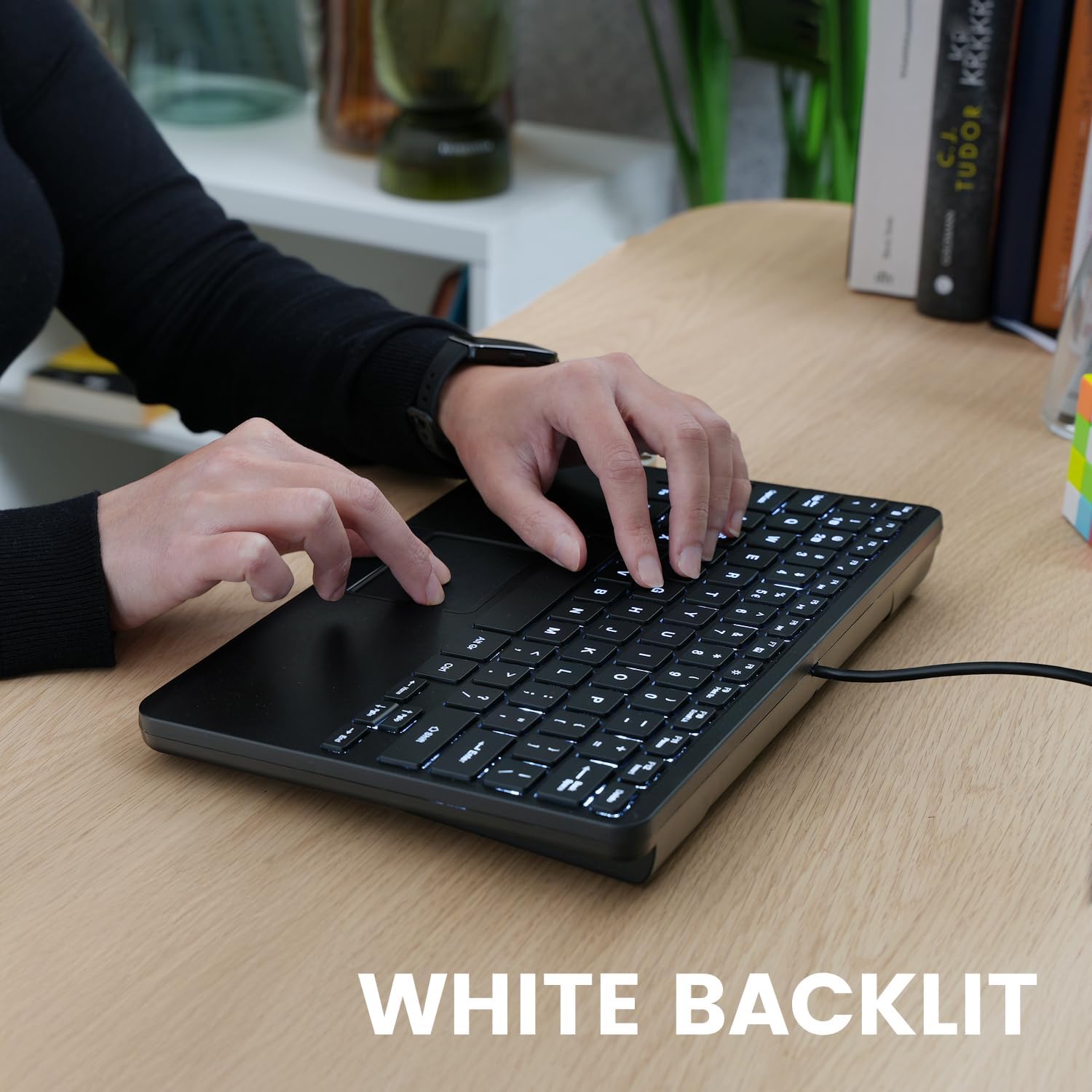 Perixx PERIBOARD-425 US Wired Mini USB Keyboard with Touchpad, X Type Scissor Keys, White Backlit, 2 USB Hubs, Compact 11.18x7.17x1.1 Inches, US English
