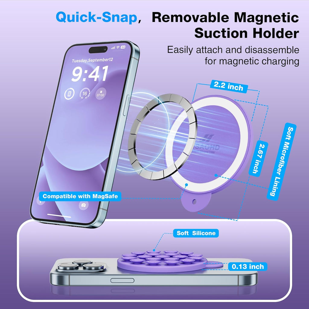 Magnetic Suction Cup Phone Mount for MagSafe Case, Silicone Hands-Free Grip Holder for iPhone and Android, Mirror Shower Phone Stand for Makeup FaceTime Gym Kitchen Bathroom, Bright Purple