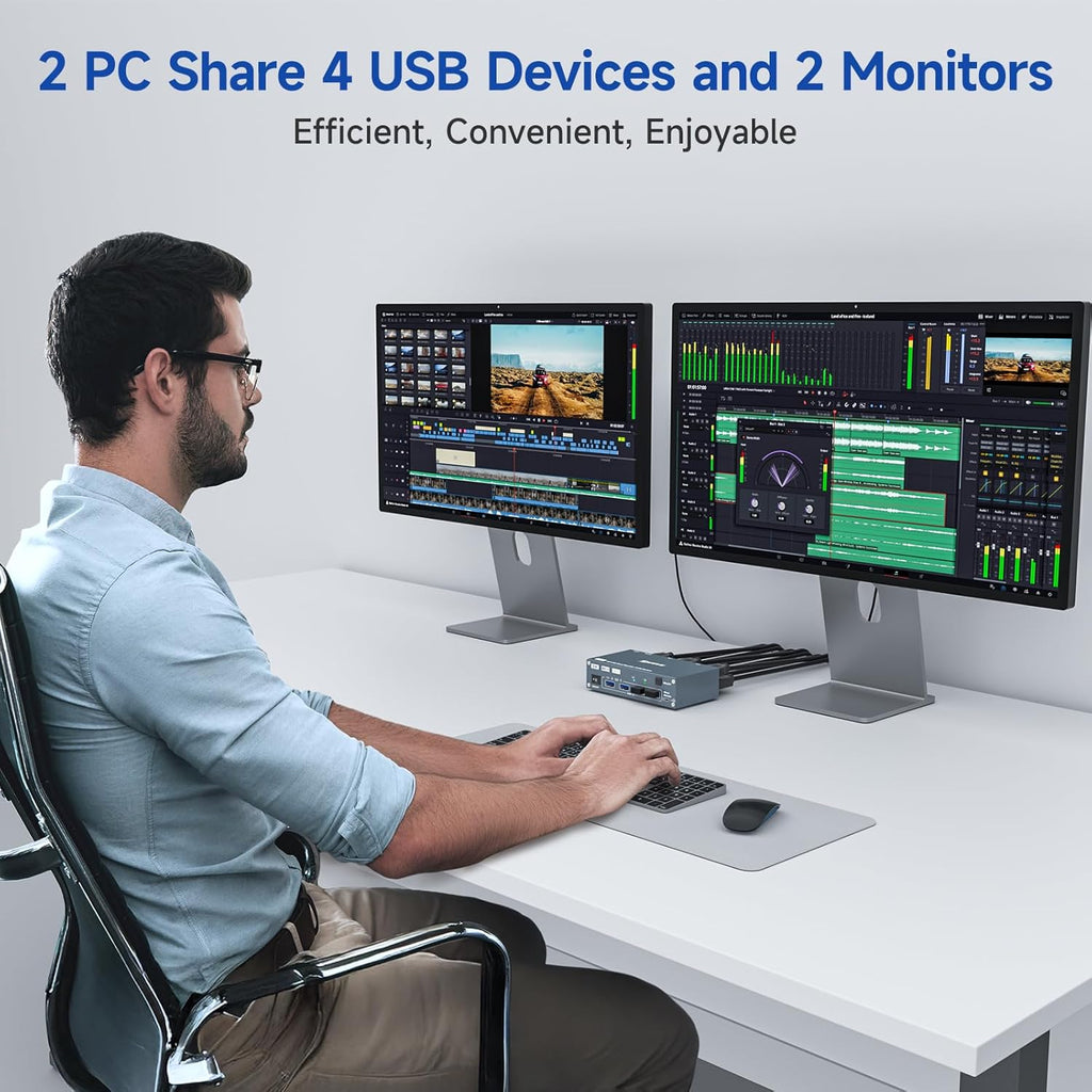 HDMI Displayport Hybird KVM Switch 2 Monitors 2 Computers 8K@60Hz 4K@144Hz, Aluminum Dual Monitor KVM Switches for 2 PC Share 2 Monitor and 4 USB Devices, Support Extended/Copy Mode,Cables Included