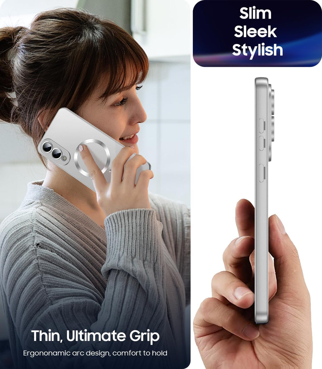 Magnetic for Samsung Galaxy S25 Edge Case [Compatible with MagSafe][Built-in Camera Lens Protector] Slim Soft Silicone Bumper Shockproof Metallic Luster Phone Case (Silver)
