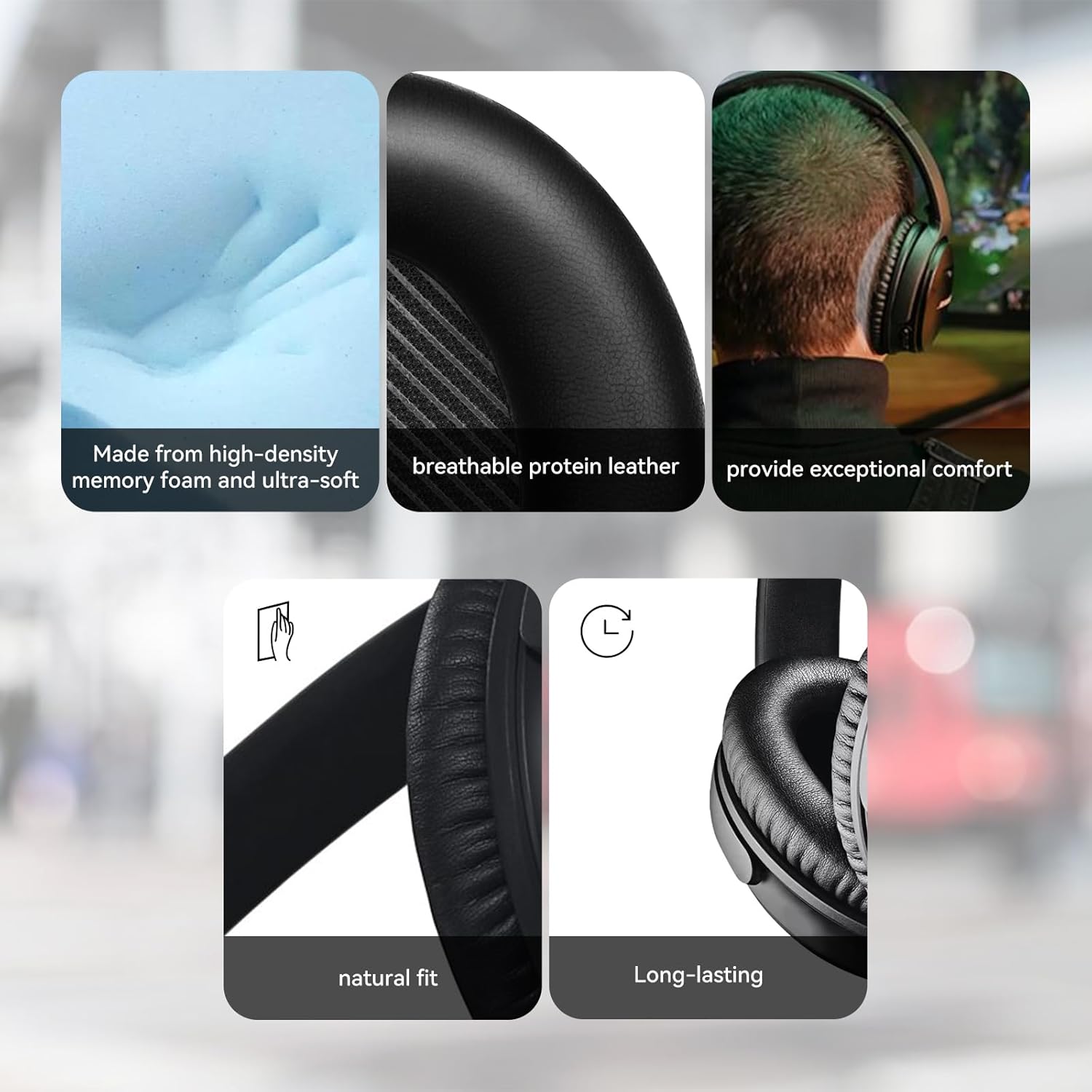 Replacement Earpads Cushions for Bose QuietComfort35&35ii(QC35 II & QC35) Headphones - Professional Positioning Tools Included, Noise-Isolating Memory Foam & Breathable Leather (Black)