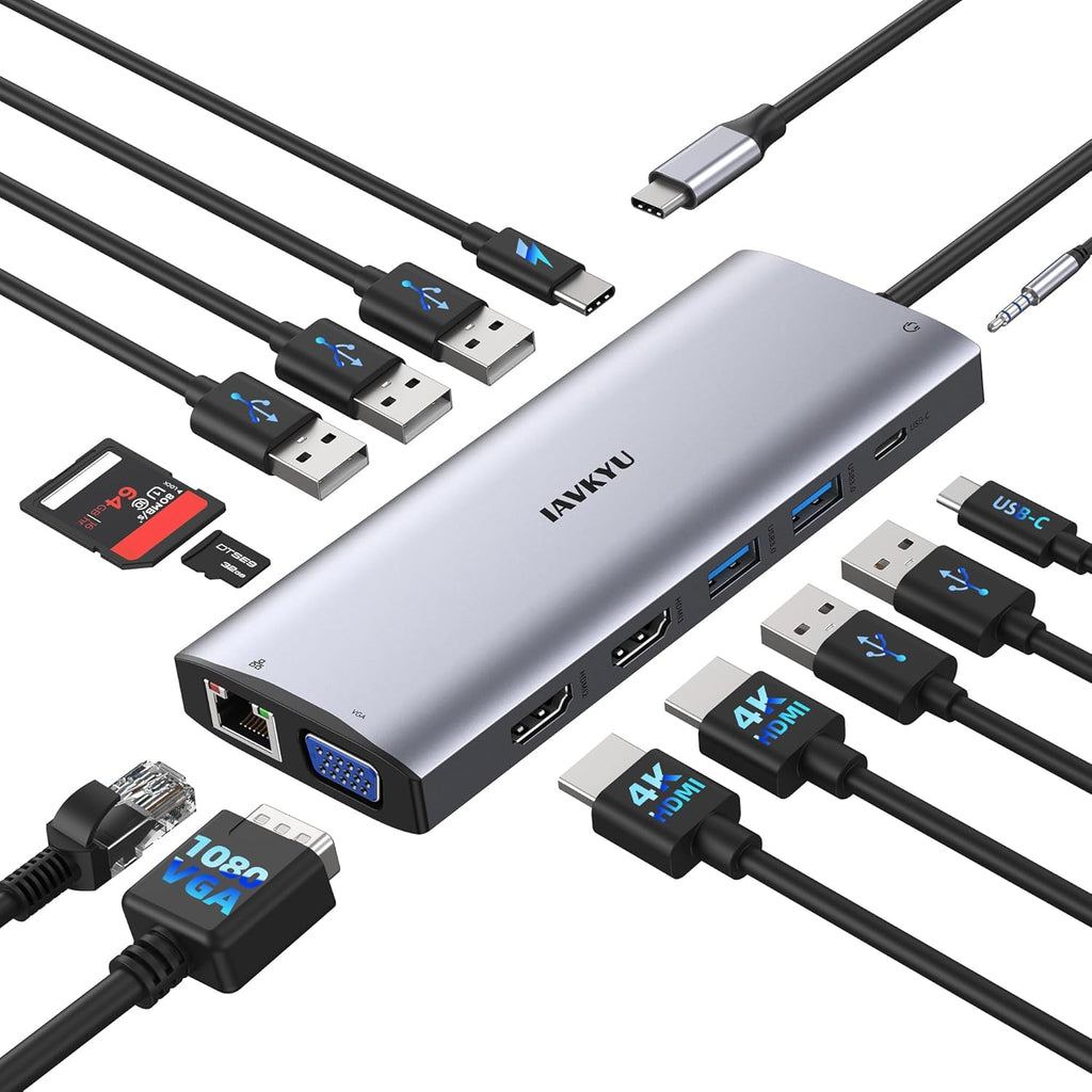 Laptop Docking Station Dual Monitor,14 in 1 USB C Docking Station fo dell hp USB C Hub Multiport Adapter with 2HDMI 4K+VGA+Ethernet+5USB+1USB C+100W PD+SD/TF+Audio,USBC Dock Dongle for Windows Laptop