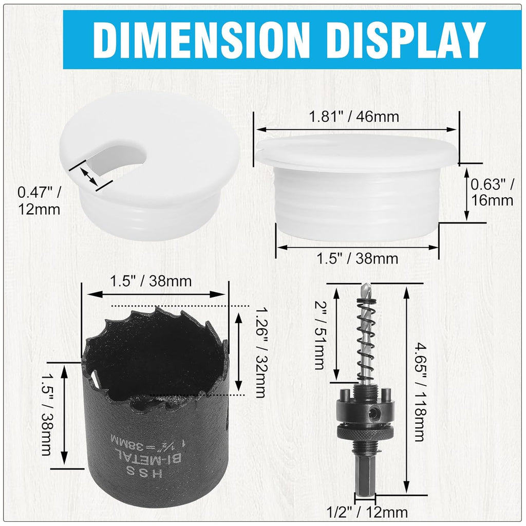 1-1/2" White Desk Grommet with Bi-Metal Hole Saw, JTemgle Plastic Cable Hole Cover Computer Table Cord Wire Organizer Caps, Desktop Cord Management for Home Office TV Stands Tabletops, 7 Pieces