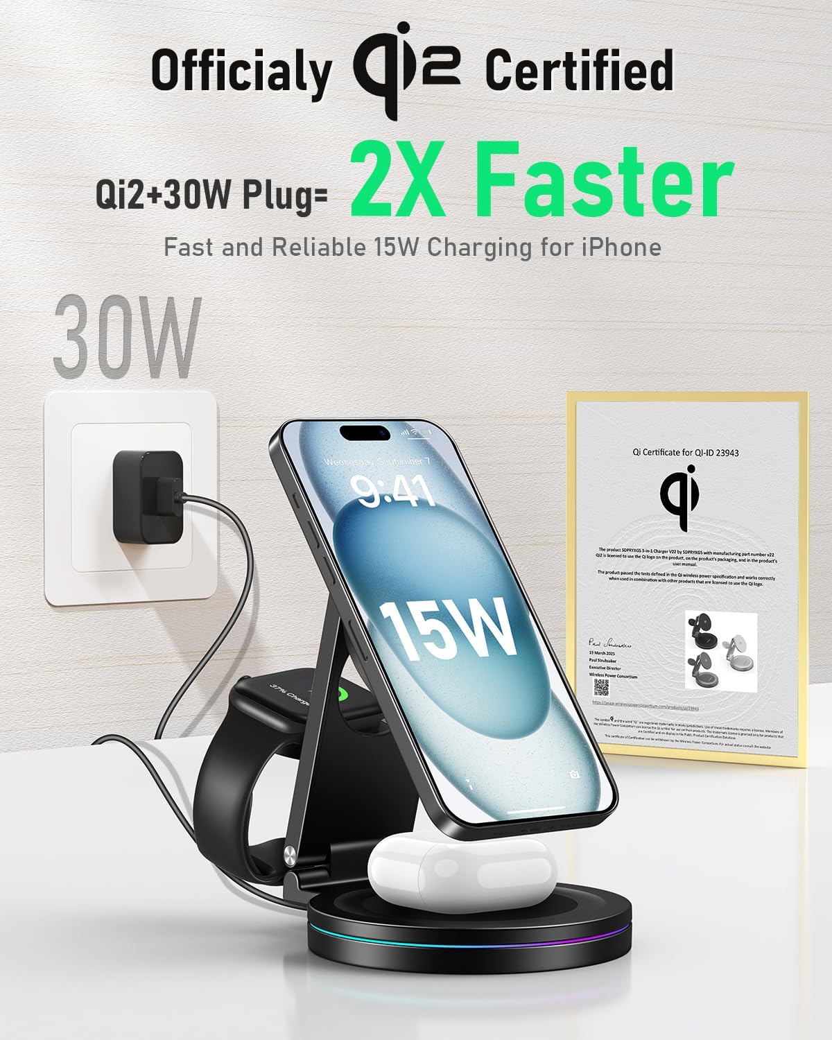 2025 Upgraded Qi2 Foldable 360º Rotatable Zinc Alloy 3 in 1 Magnetic Wireless Charging Station,3-in-1 Qi2 Charger for Apple iPhone 12~16,iWatch,AirPods(30W Adapter & Case Included)(Silver)