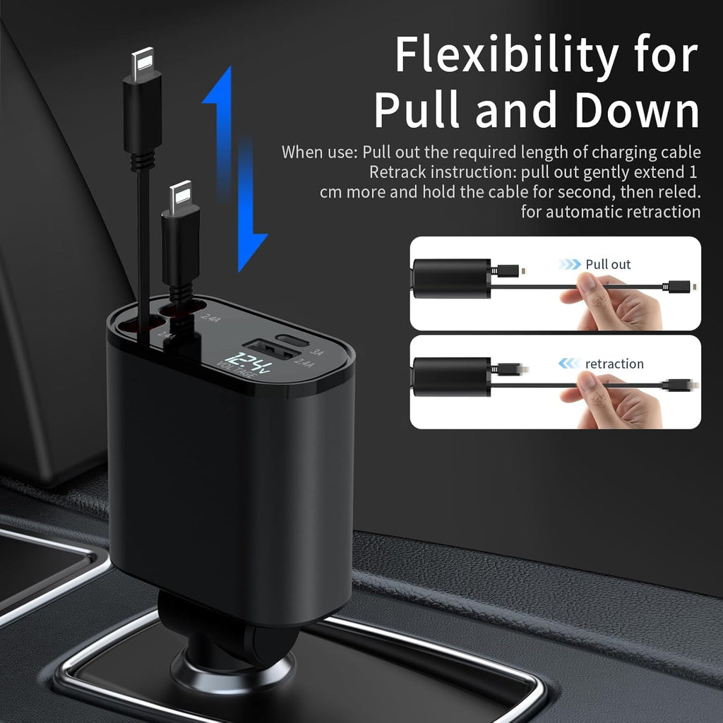 Retractable Car Charger Compatible with iPhone 16, 4 in 1 Fast Charging 60W, Car iPhone Charger with Car Retractable Cable and 2 USB Ports for iPhone 15 14 13 12