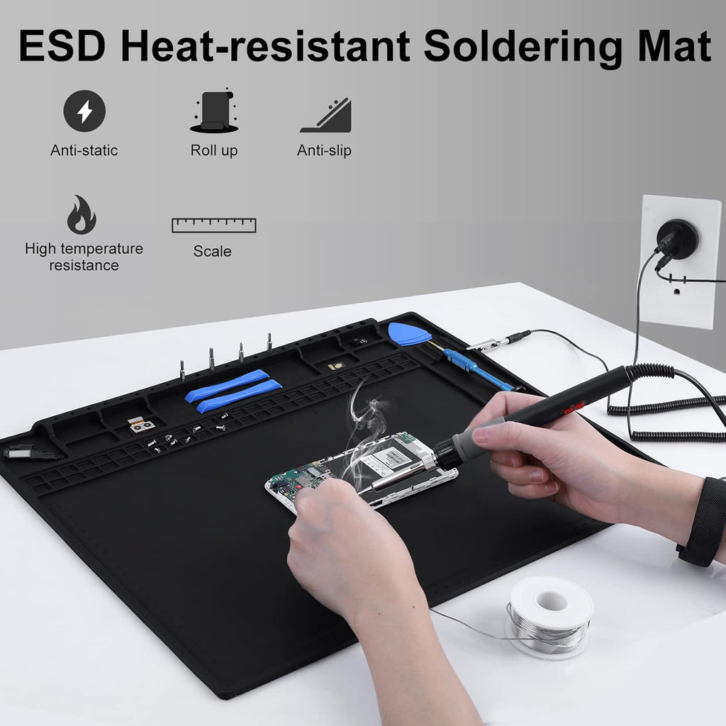 Anti Static Mat Includes ESD Wristband and Grounding Wire and Grounding Plug for Electronics Repair, Premium Heat Resistant ESD Safe Soldering Mat (17.7" x 13.6")