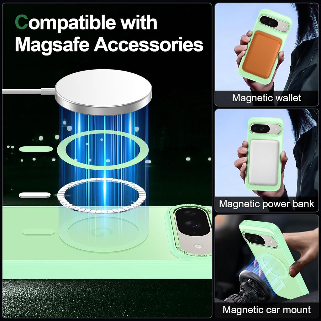 Magnetic for Google Pixel 9/Pixel 9 Pro Case, [Military Grade Drop Protection] [Compatible with MagSafe] Shockproof Slim Translucent Matte Anti-Slip for Women Girls Men Case, Matcha Green