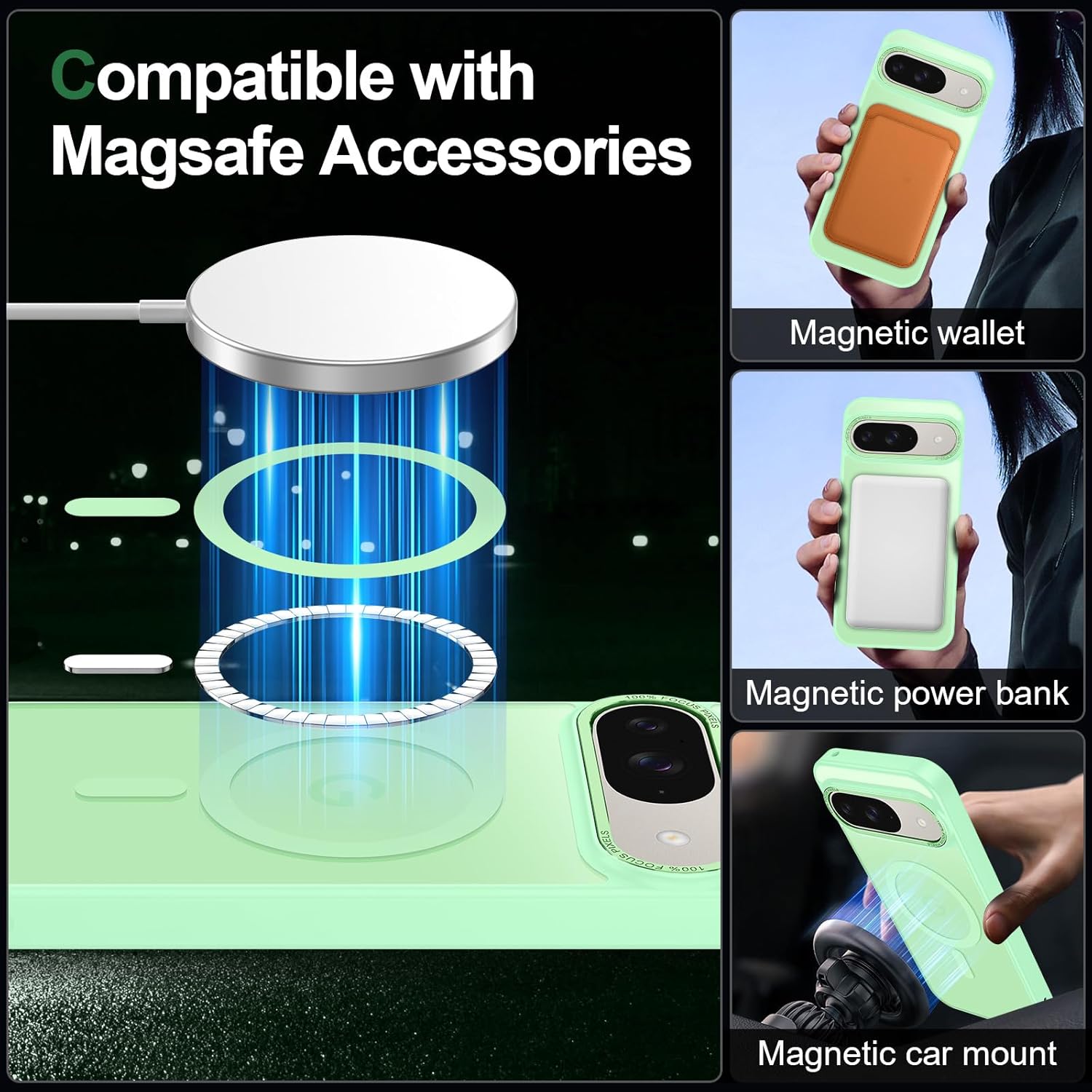 Magnetic for Google Pixel 9/Pixel 9 Pro Case, [Military Grade Drop Protection] [Compatible with MagSafe] Shockproof Slim Translucent Matte Anti-Slip for Women Girls Men Case, Matcha Green