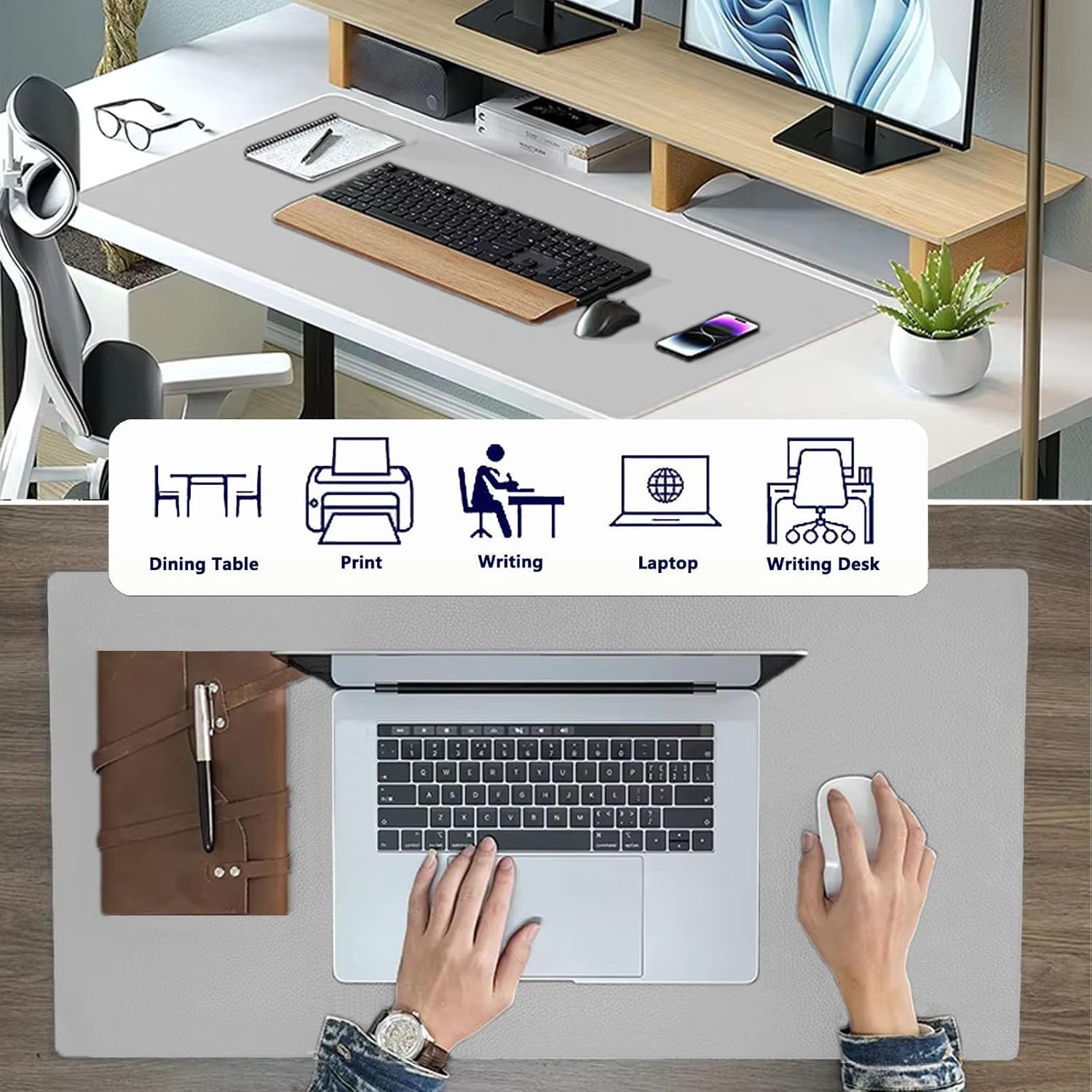 PU Leather Desk Pad Protector Gaming Mouse Pad Non Slip Desk Mat for Keyboard and Mouse Waterproof Desk Writing Pad for Office and Home Desk Accessories(Gray, 23.6 * 11.8)