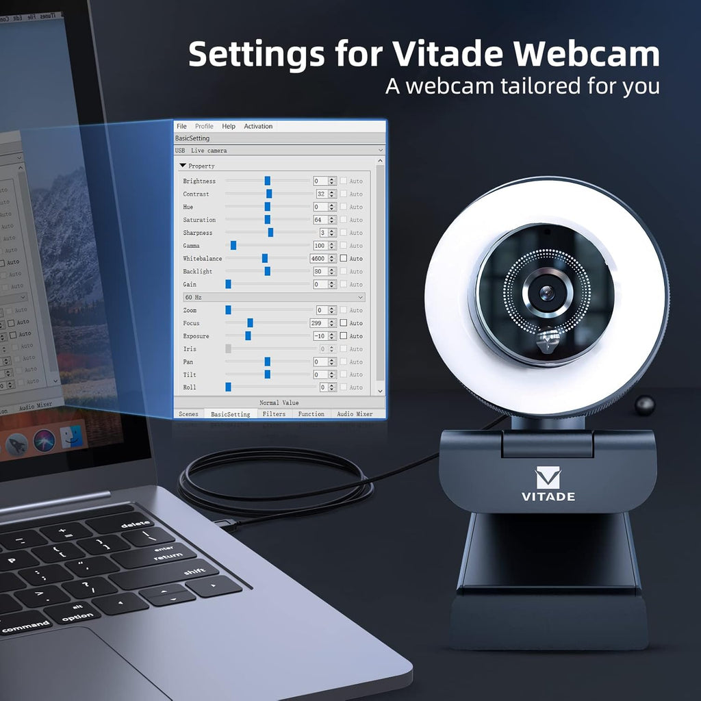 Streaming Webcam with Adjustable Ring Light, Full HD 1080P Webcam with Dual Microphones and Advanced Auto-Focus,Pro Web Camera for Online Learning, Zoom Meeting Skype Teams, Gaming Laptop