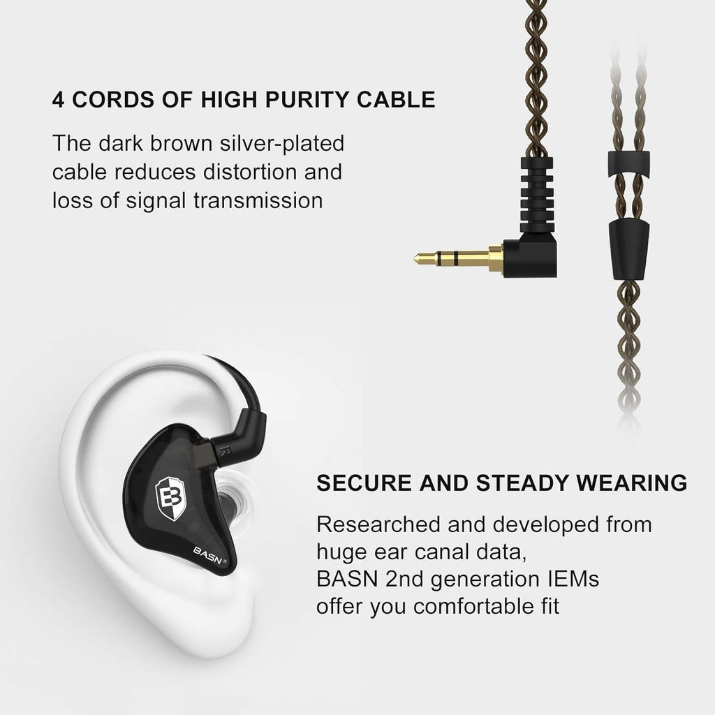 BASN in Ear Monitor Headphones for Musicians, Bsinger 2nd Generation Sound Isolating Earphones with Dual Dynamic Drivers Detachable MMCX Cable (Black)…