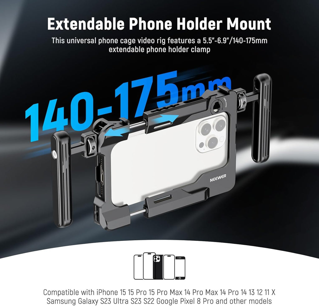 NEEWER Universal Smartphone Video Rig with Handles 67mm Filter Adapter Anti Drop Cold Shoe Compatible with DJI Mic iPhone Samsung Galaxy Android, Phone Cage Stabilizer for Video Recording, PA017