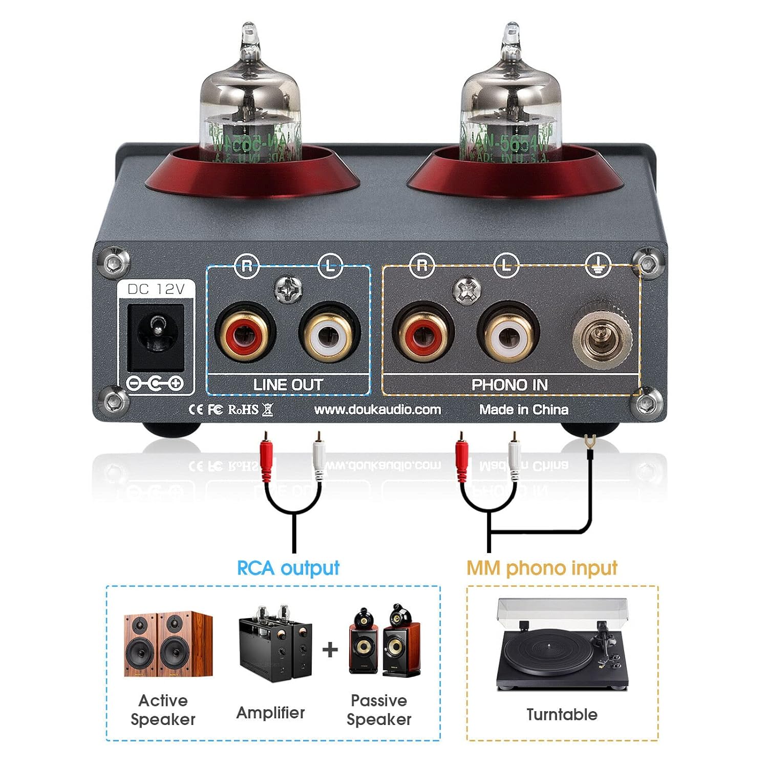 Douk Audio T4 PRO Vacuum Tube Phono Preamp, MM Turntable Preamplifier, GE5654 Hi-Fi Headphone Amp for Home Theater/Record Player/Stereo Amplifier/Active Speaker
