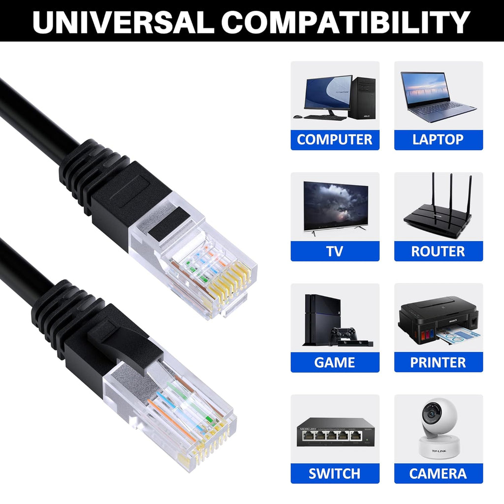 Cat5e Ethernet Cable 100 FT, Long Cat 5e Internet Cable, Black Snagless Patch Cord, Flexible, Network, LAN, PoE, Standard RJ45 Connector for PC, Server, Router, Modem, TV, PS5 - with 15 Cable Ties