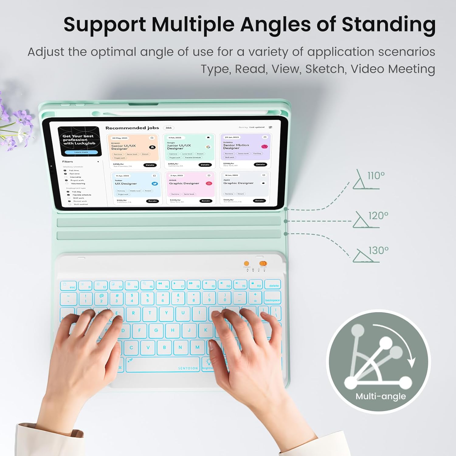 iPad 7th/8th/9th Generation Case with Keyboard 10.2-inch 2019/2020/2021, iPad Air 3rd/Pro 10.5-inch 2017 Compatible, 7 Color Backlit Keyboard BT/Wireless/Detachable with Pencil Holder (Mint Green)