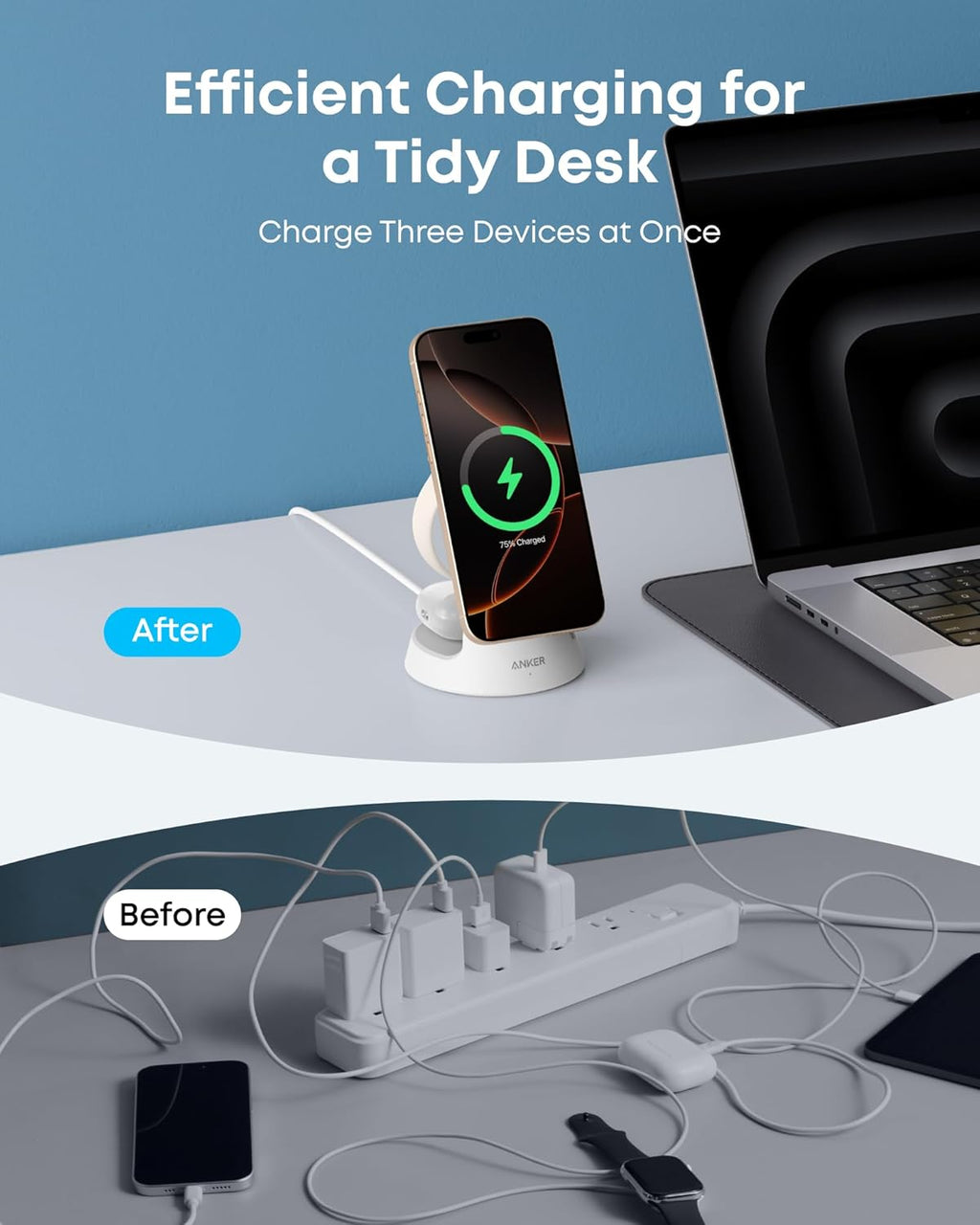 Anker MagSafe Charger Compatible, MagGo 3-in-1 Charging Station, Nano Charging Stand, Qi2 Certified 15W Magnetic Wireless Charger Dock Stand, For iPhone16/15/14, Apple Watch,AirPods (Adapter Included)