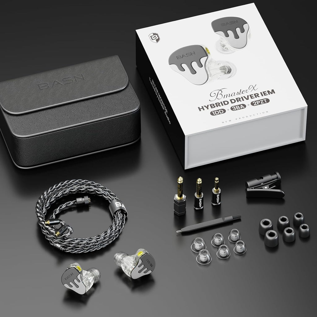 BASN BmasterX in Ear Audio Monitor, Hybrid 6 Drivers IEM Earphones with Crystal Clear Sound, Detachable Cable Plus Carrying Case & Fit Kit for Musician, Stage, Studio (3.5mm/4.4mm Jack, Black/Silver)
