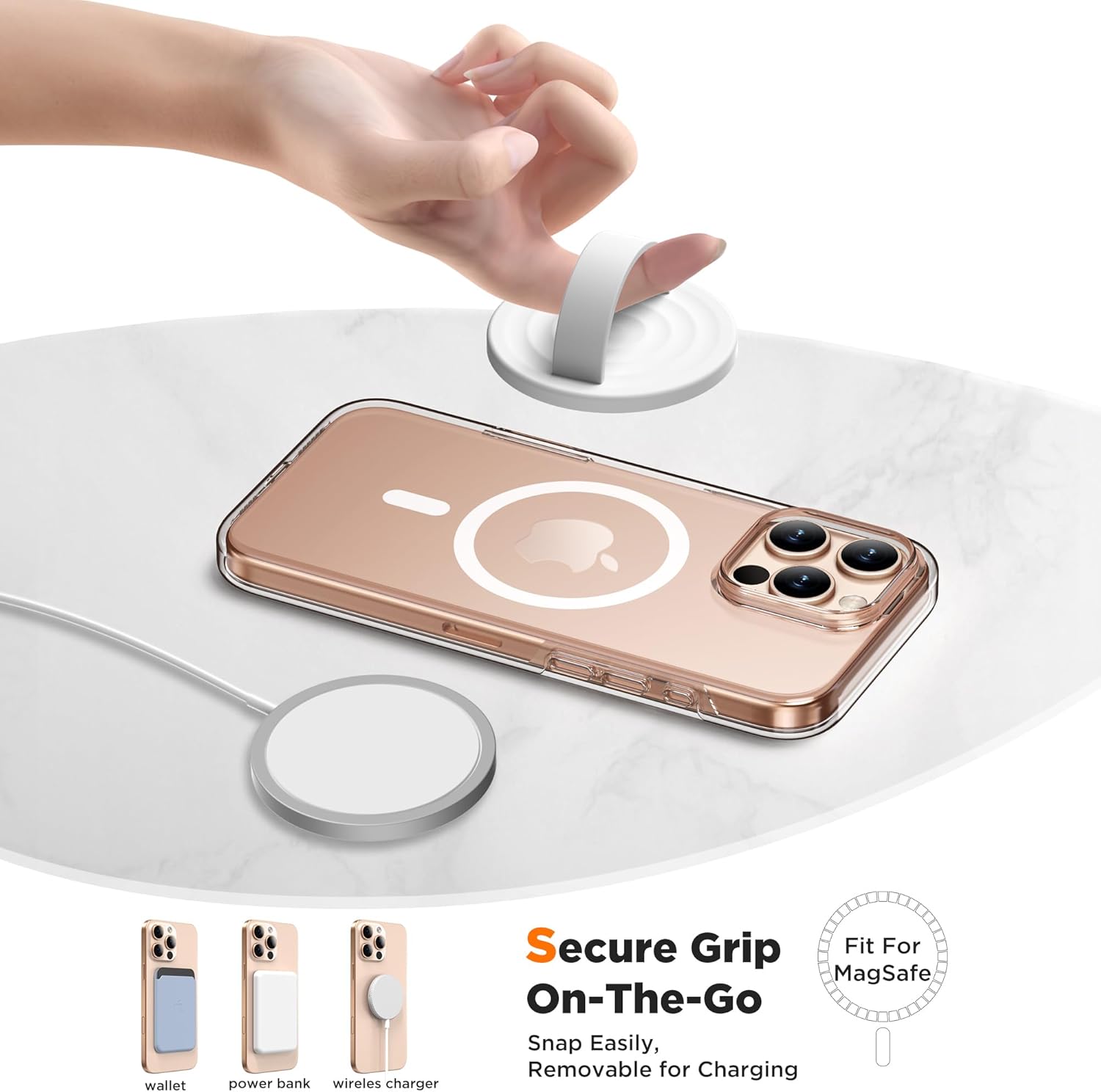 Magnetic Phone Ring Grip Holder, Silicone Finger Loop Grip, Compatible with MasSafe, Back of Phone for iPhone Pro Max/Plus/16/15/15/14/13/12 Series, White